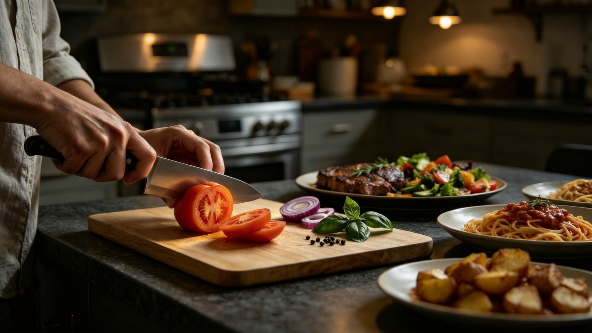 Sharp Imarku knife slicing tomato in dark kitchen