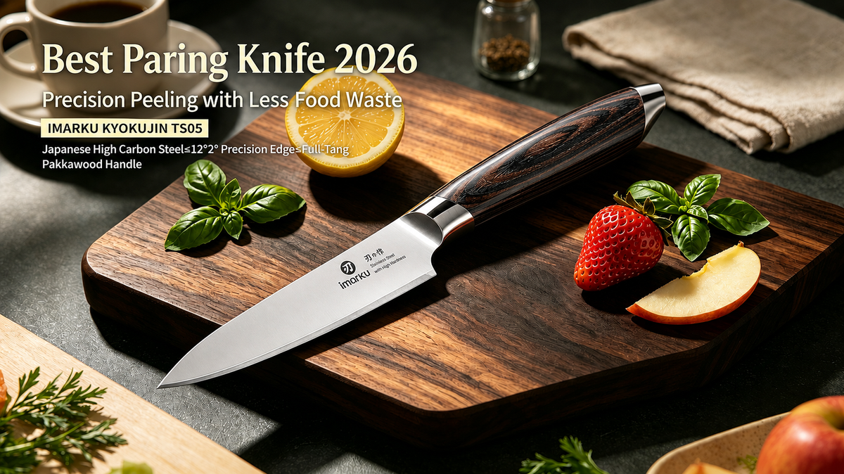 Imarku KYOKUJIN TS05 paring knife on walnut cutting board with fresh fruits, best paring knife 2026