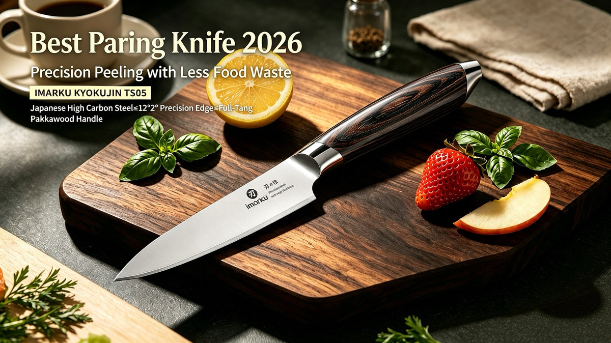 Imarku KYOKUJIN TS05 paring knife on walnut cutting board with fresh fruits, best paring knife 2026