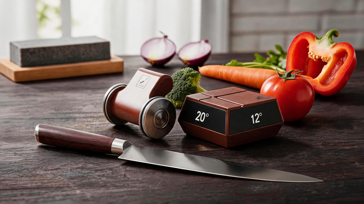 Rolling knife sharpener with chef knife
