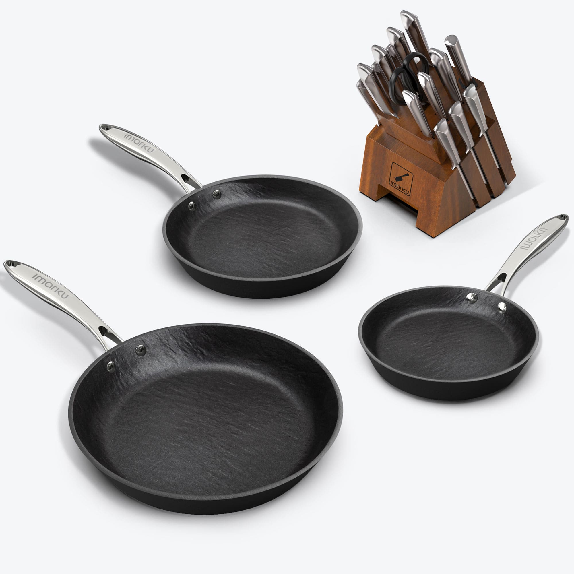 imarku marbled nonstick pans and 16pc carbon steel chef knives
