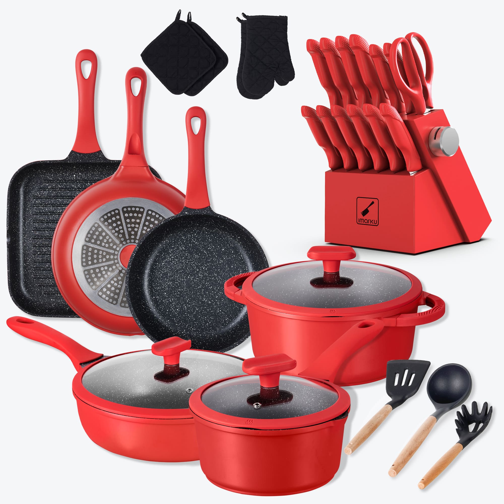 imarku red kitchen bundle with chef knife set and cookware