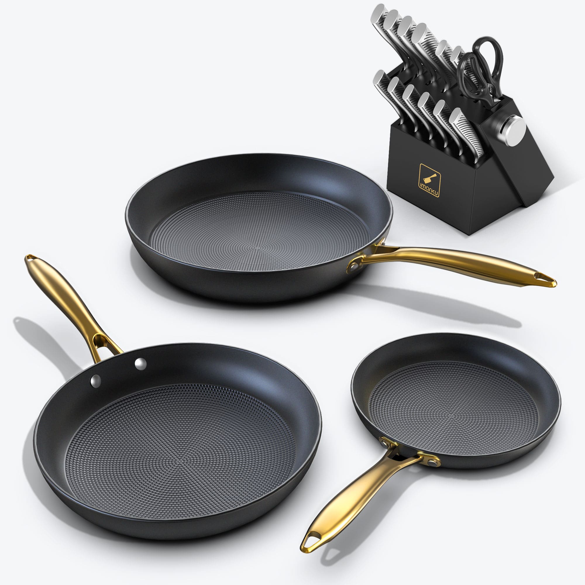 imarku 14pc knife set and 3pc nonstick cookware bundle