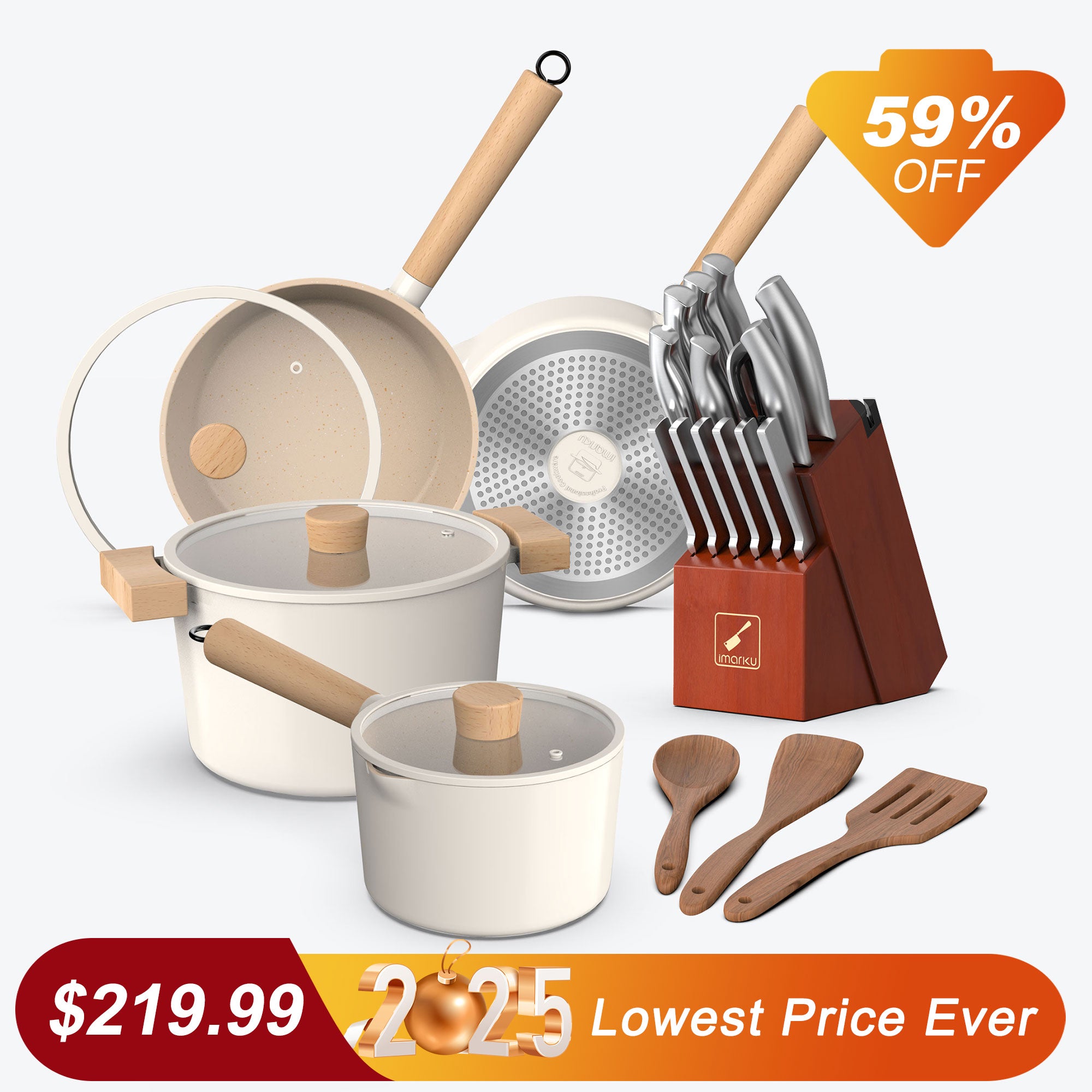 imarku clearance best price for white cookware and stainless steel knife set bundle
