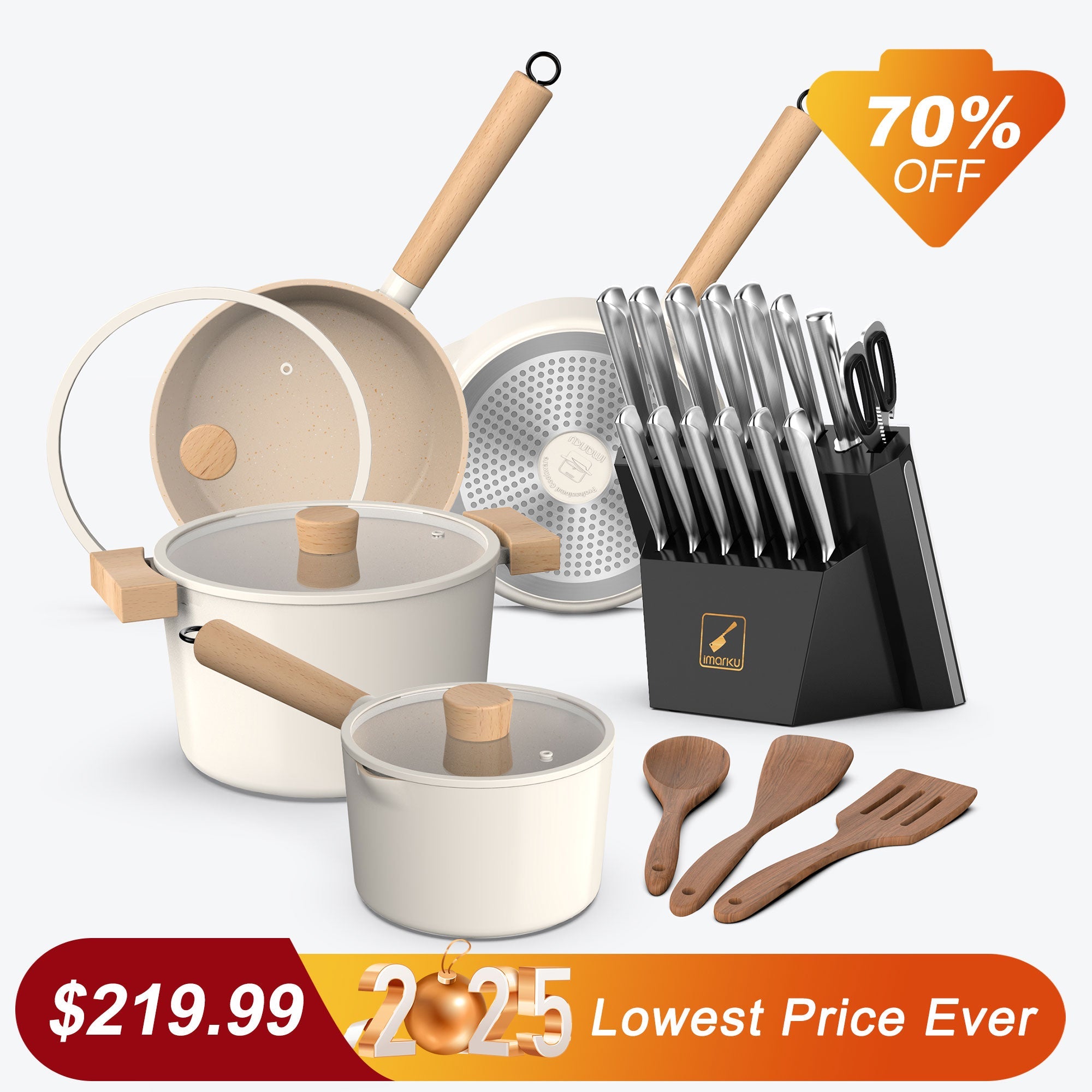 imarku 10 piece white cookware set and black kitchen knie set bundle