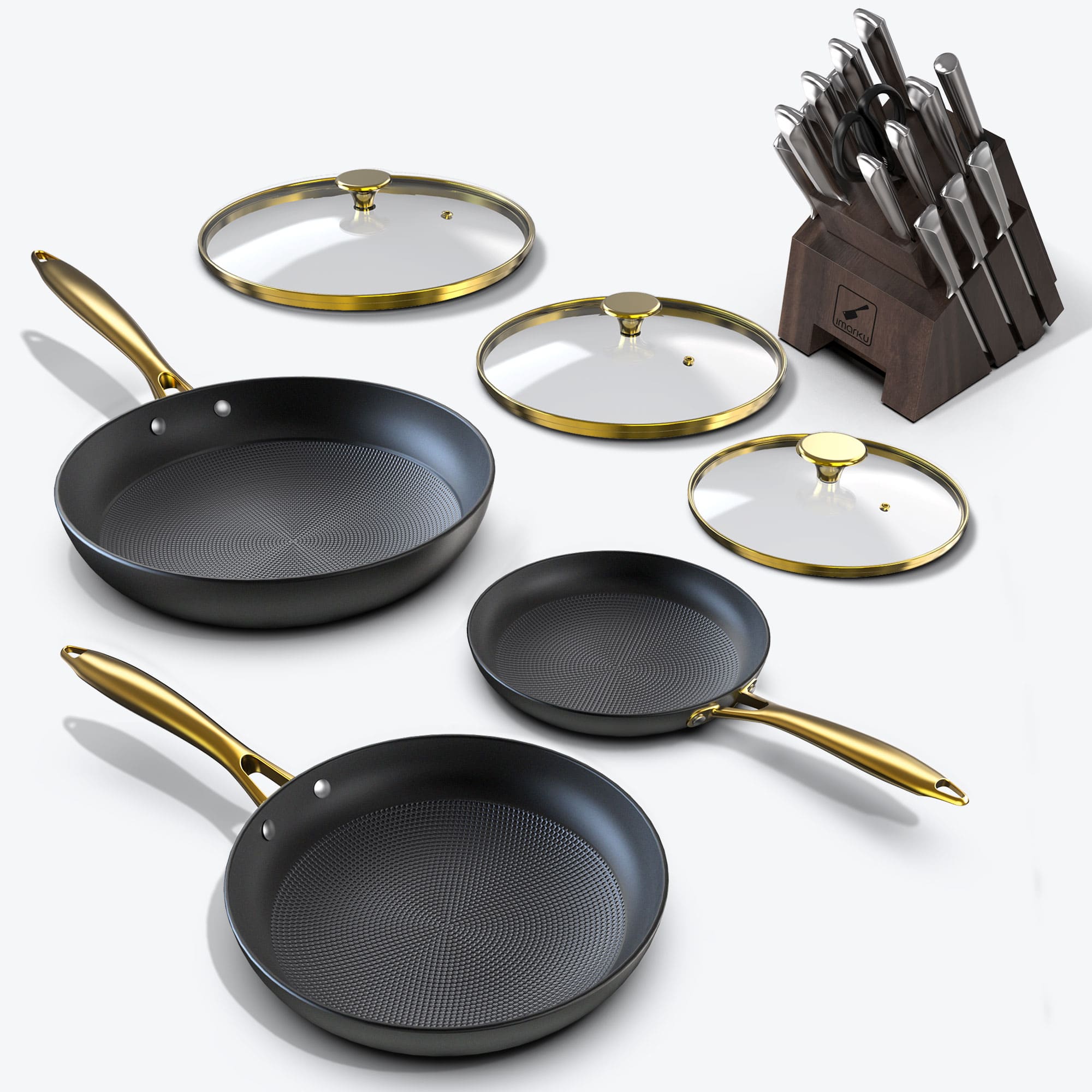 imarku nonstick fry pans with lids and Japanese steel knife set