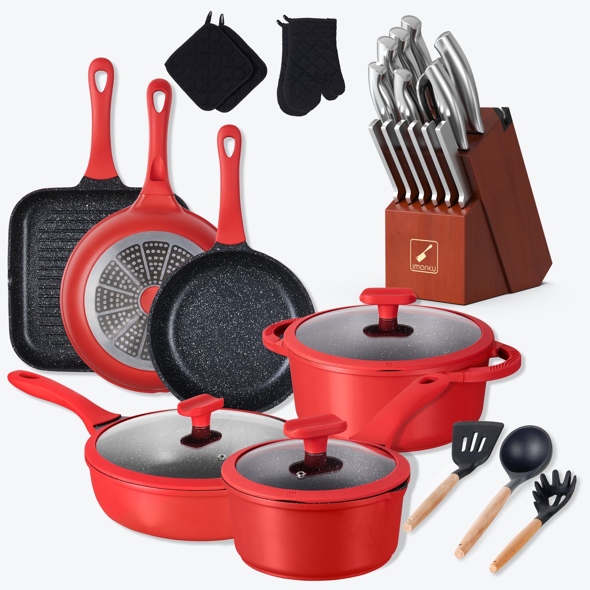 imarku 16 piece frying pans and pots set with stainless steel knife set bundle