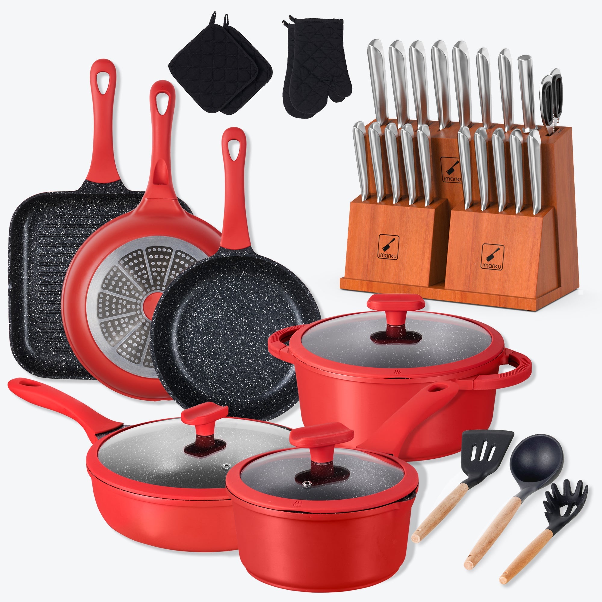 imarku 20-piece stainless steel knife set with wooden block, 16-piece red pots and pans set