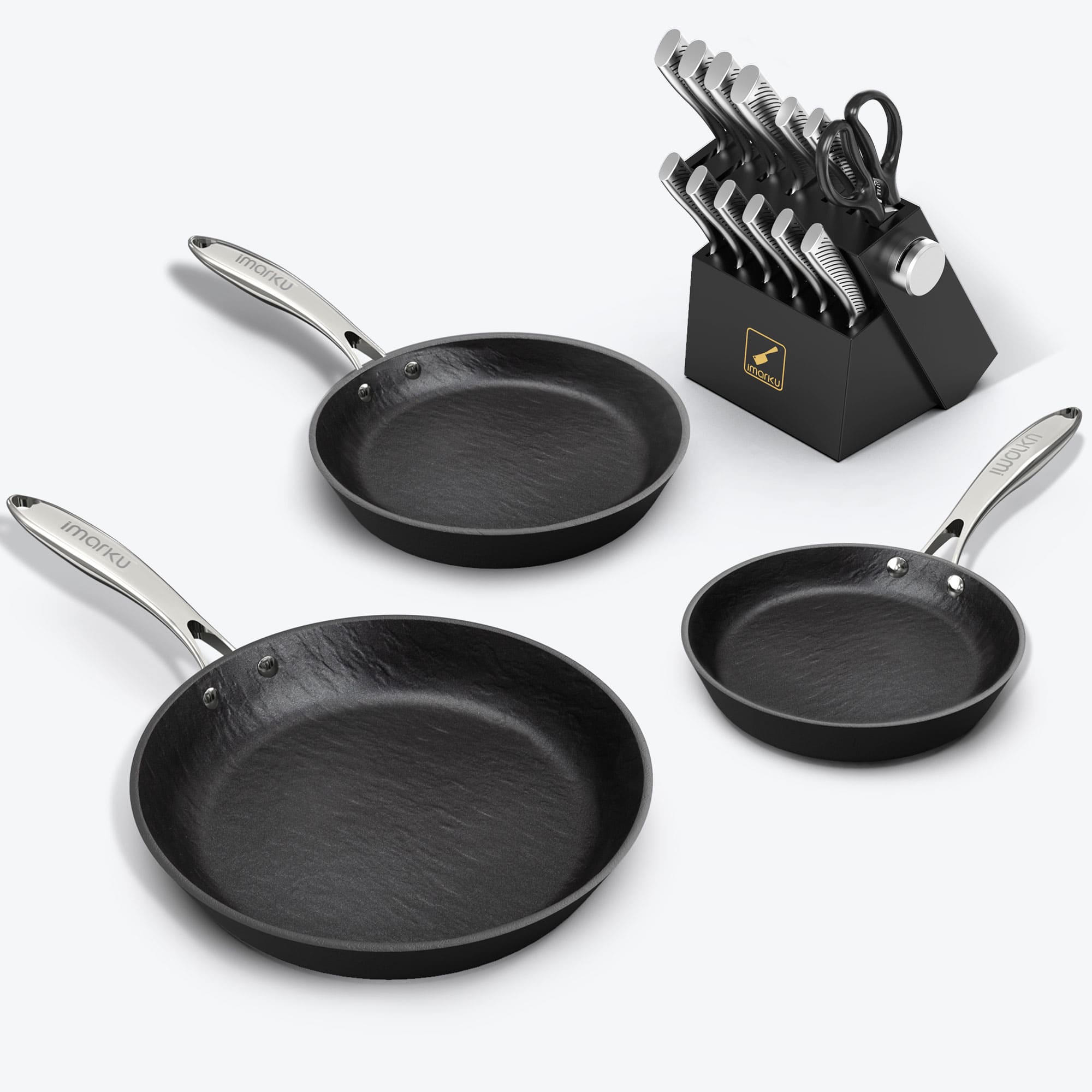 imarku black knife set and marbled nonstick pans bnundle