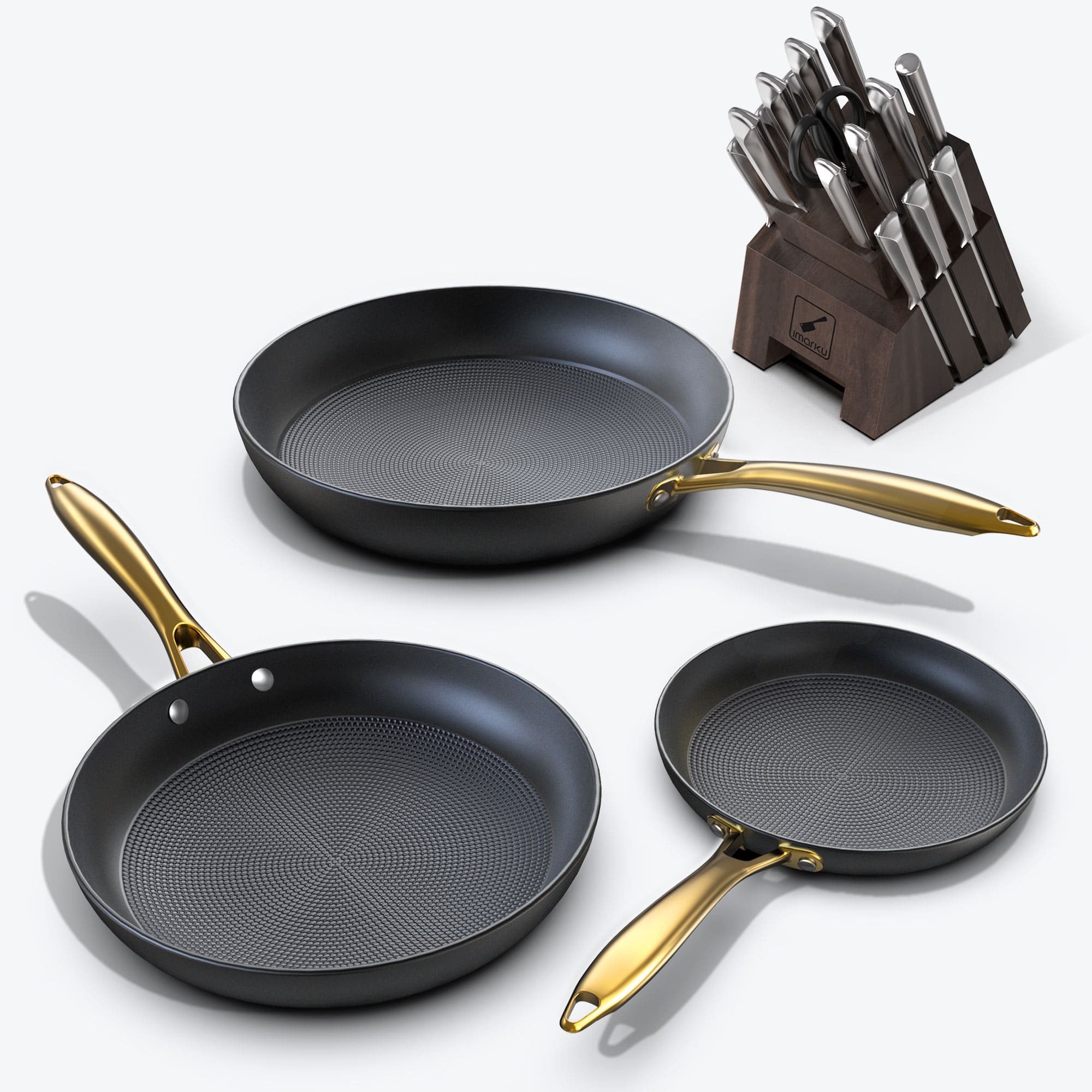 imarku 16pc kitchen chef knives and 3pc nonstick frying pans bundle