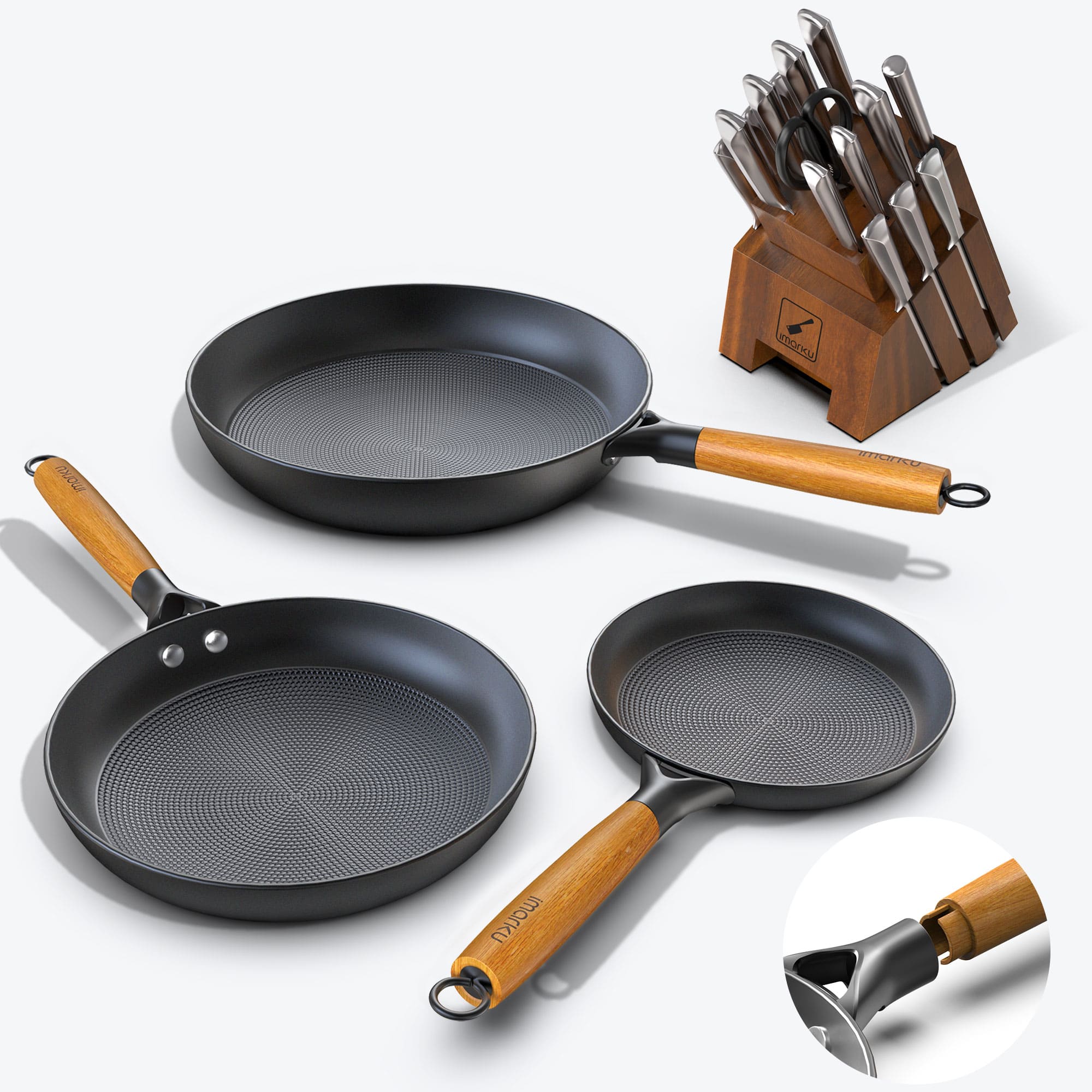 imarku cast iron nonstick fry pans and 16pc brown knife set