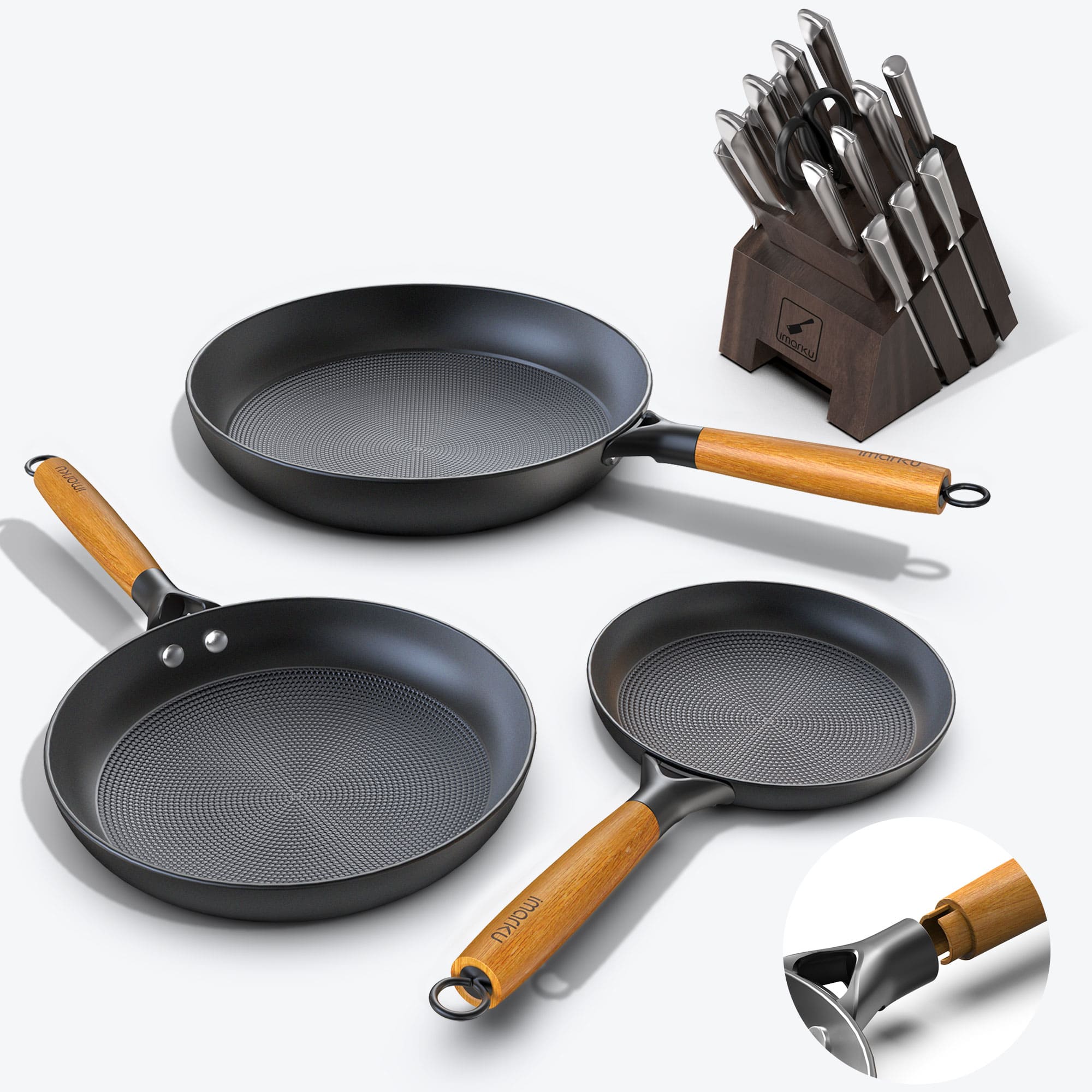 imarku nonstick pans with removable handle and reddot award kitchen knives