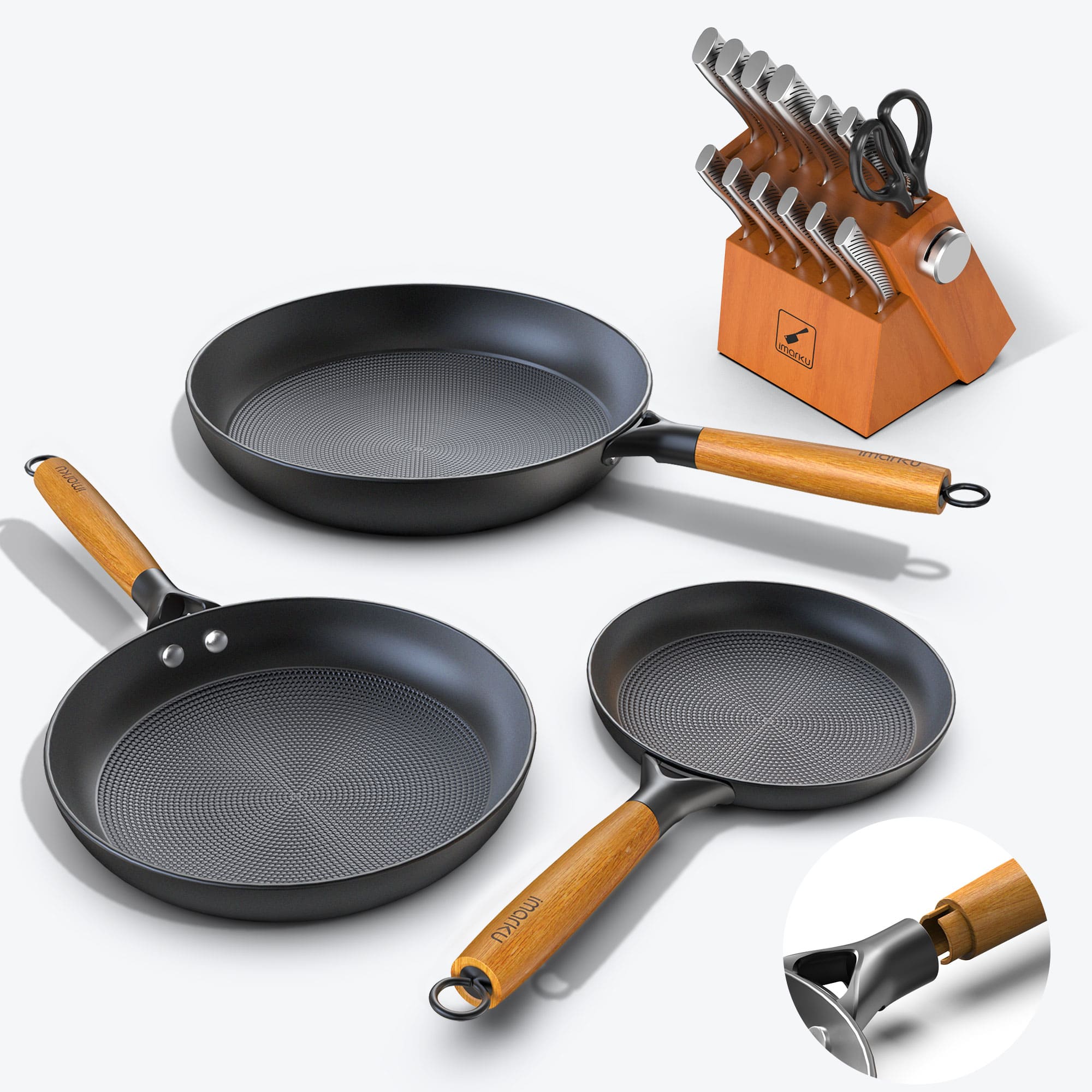 imarku nonstick fry pans with removable handle and 14pc orange knife block set