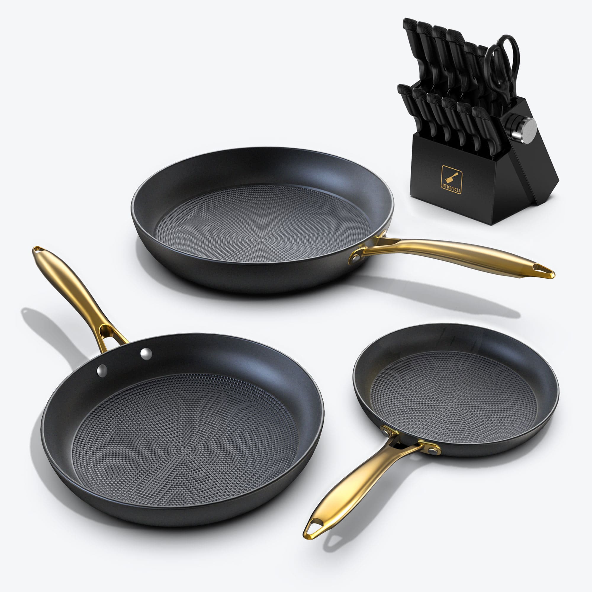 14 - Pc Black Knife Block Set & 3 - Pc Cast Iron Nonstick Pan Combo - IMARKU