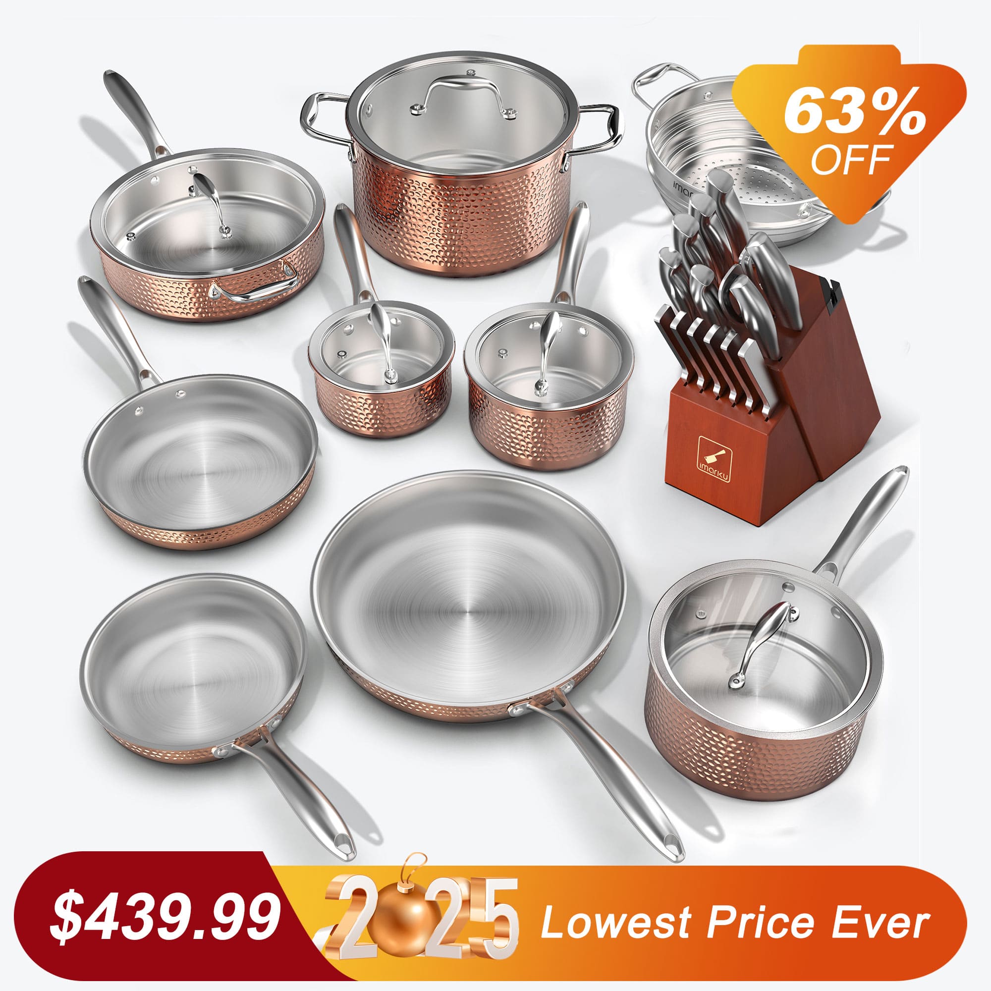 14 PCS Premium Stainless Steel Cookware Set and 15 PCS German Stainless Steel Knife Set Bundle - IMARKU