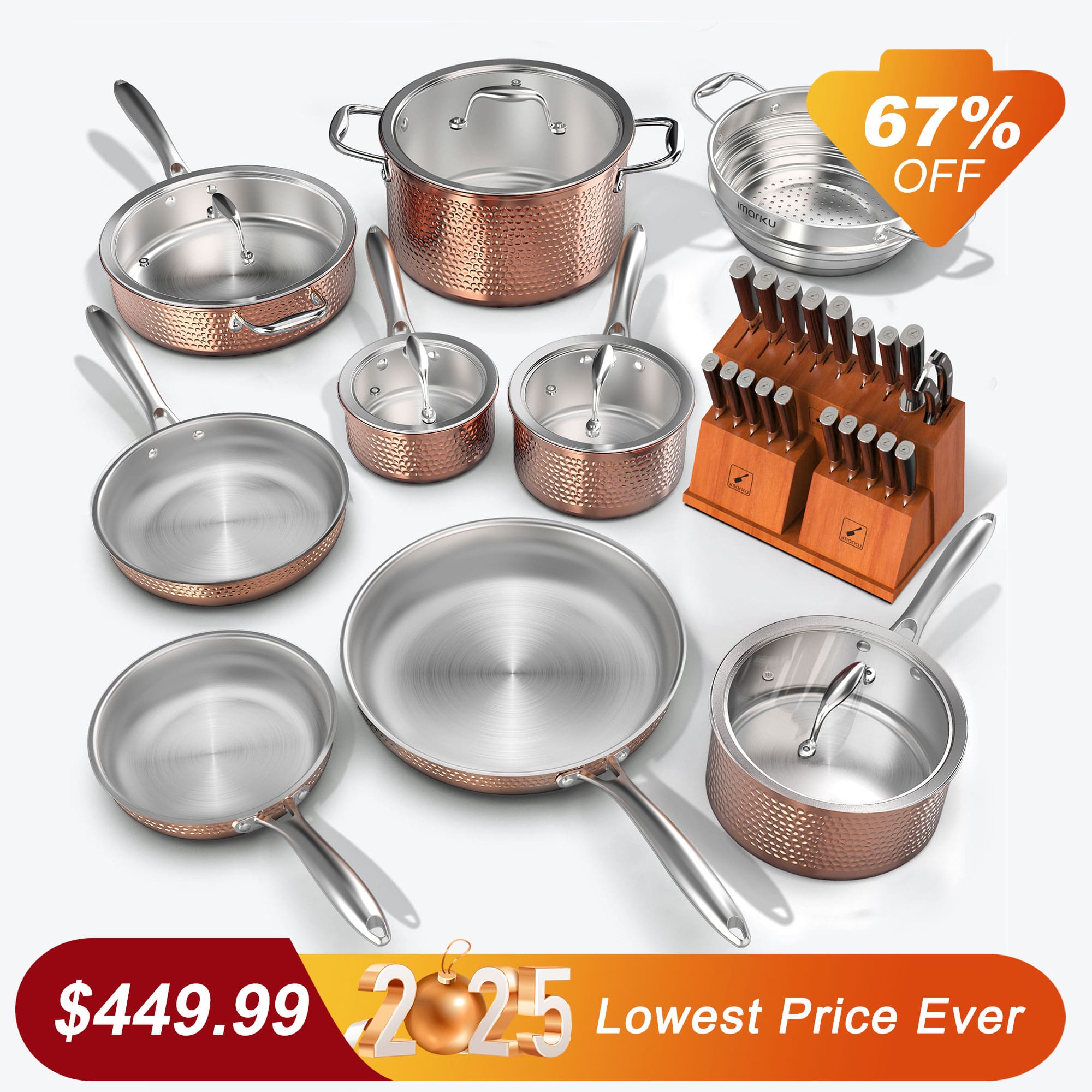 14 PCS Premium Stainless Steel Cookware Set and All - in - one Full Tang Knife Set Bundle - IMARKU