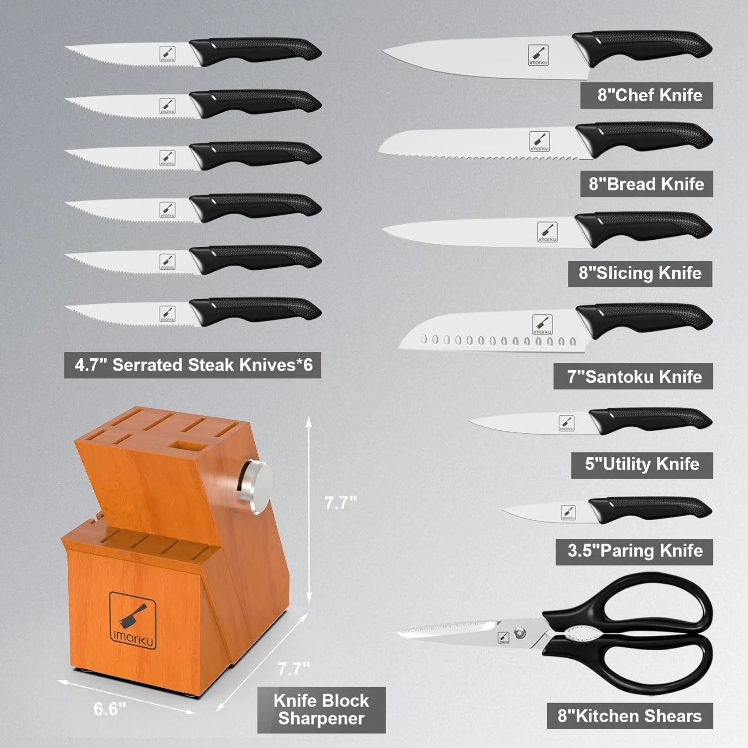 knife set with black handles and slim block