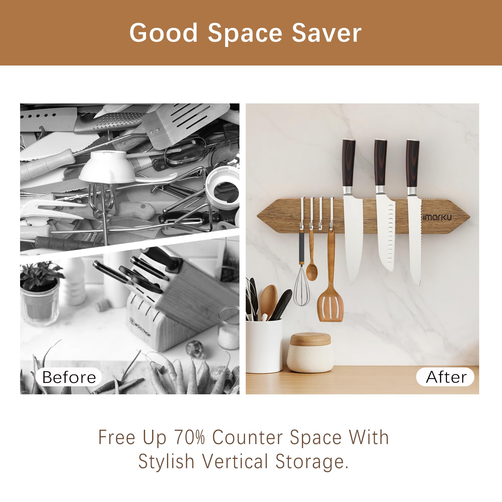 16 Inch Magnetic Knife Holder Gray Magnetic Knife Strip with 4 Hooks - IMARKU