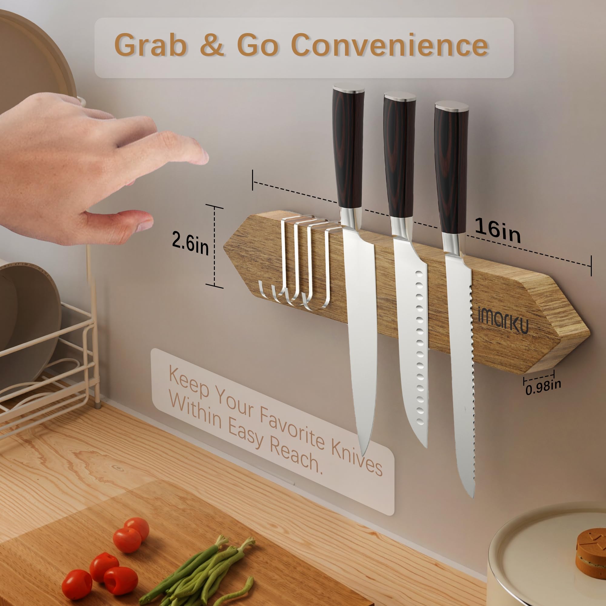 16 Inch Magnetic Knife Holder Gray Magnetic Knife Strip with 4 Hooks - IMARKU