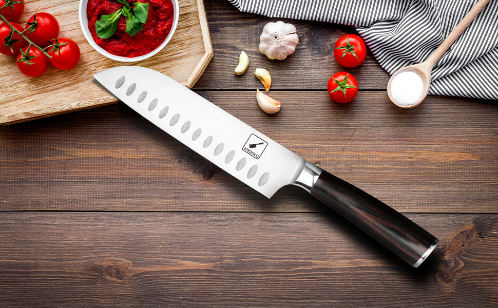 imarku best 7 inch santoku knife with wooden handle