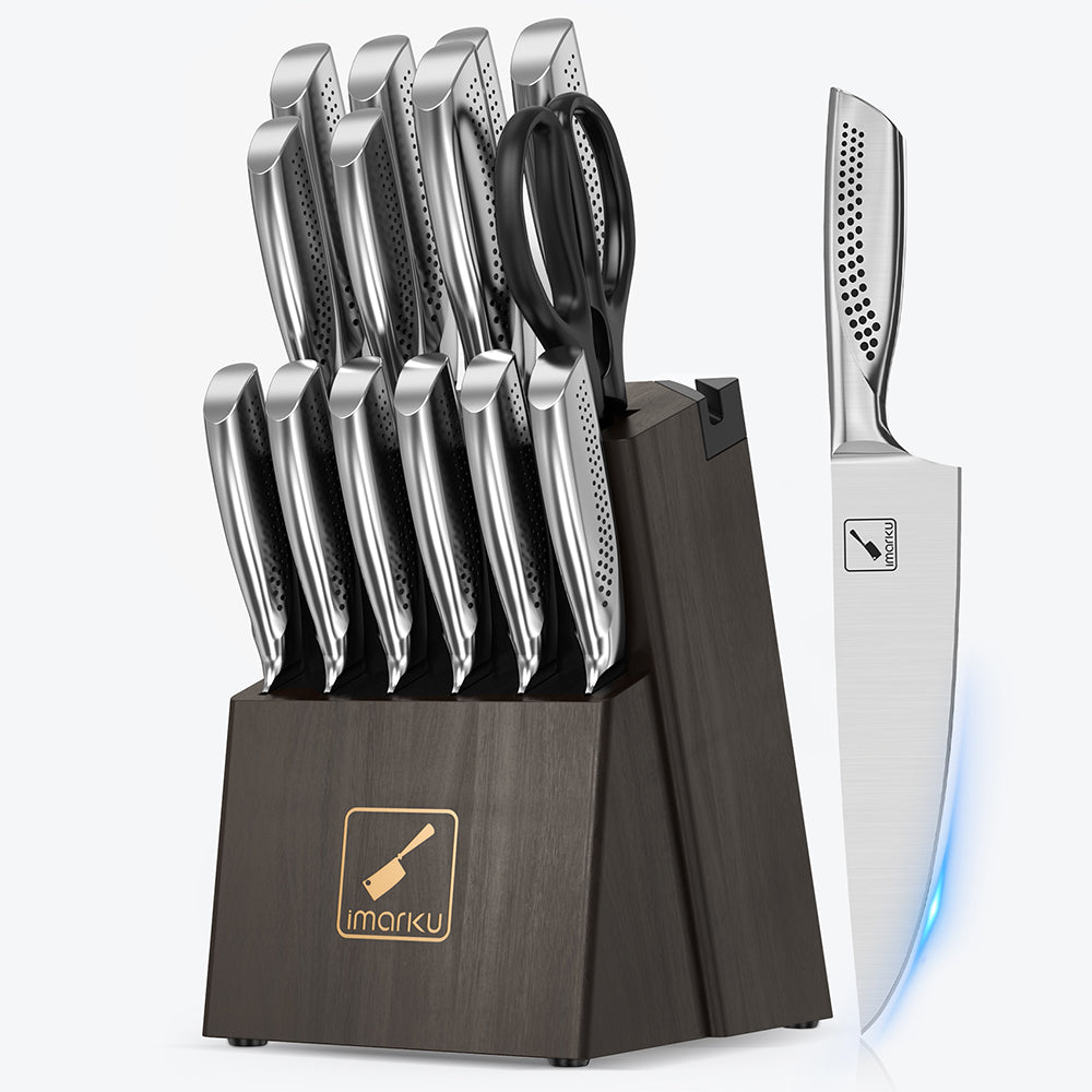 imarku 15pc knife block set with 6pc steak knives