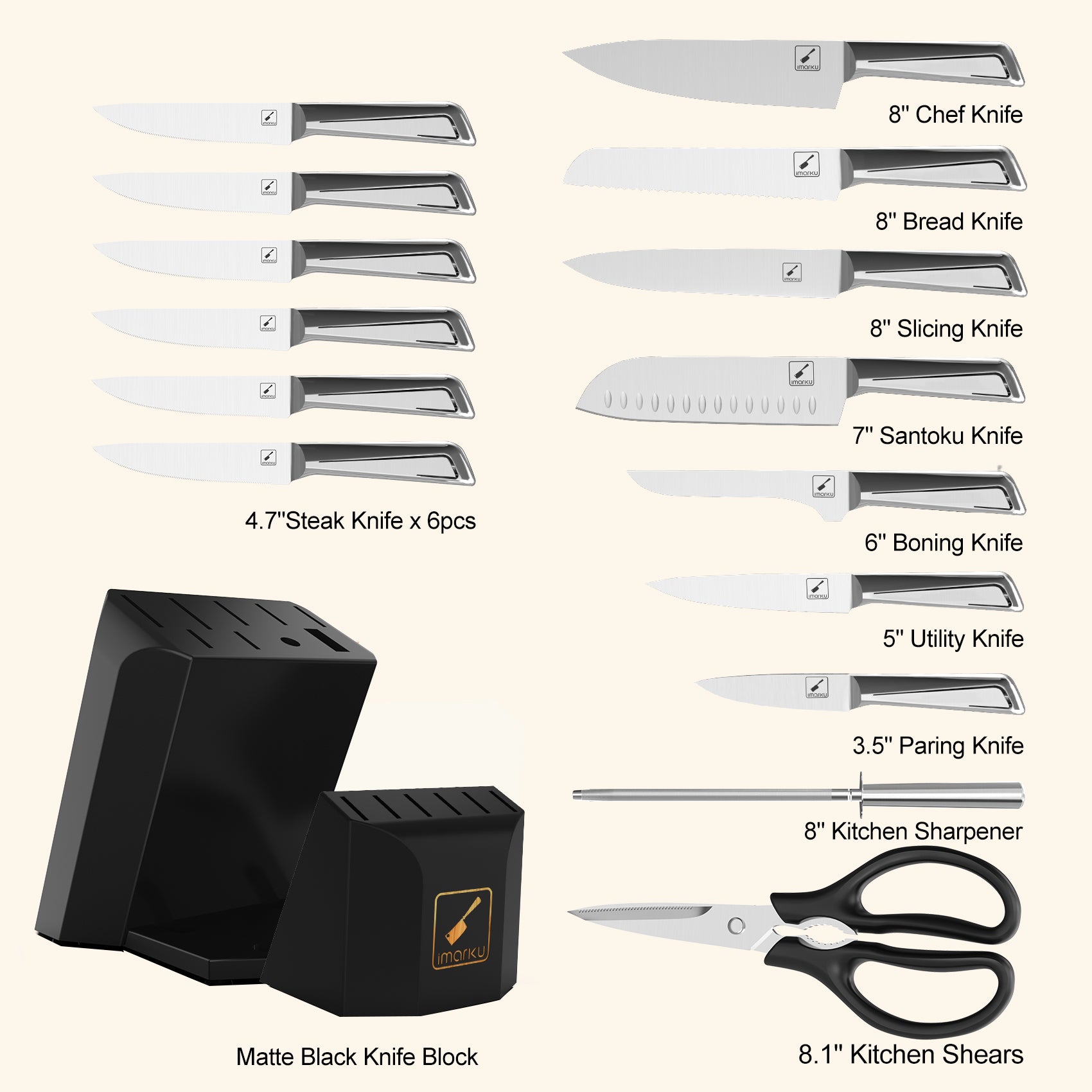 16 PCS High Carbon Stainless Steel Kitchen Knife Set Removable Block