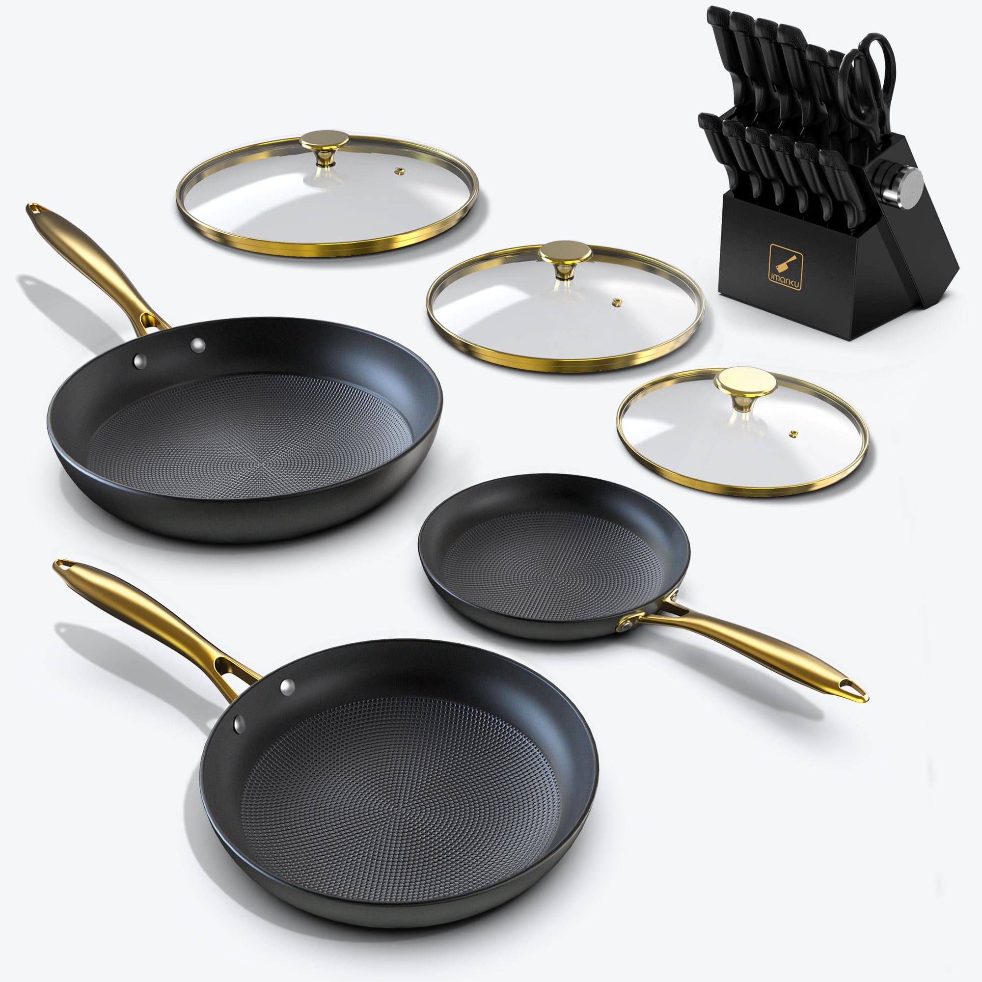 3 - Pc Nonstick Pans with Lids & 14 - Pc Knife Block Set Combo - IMARKU