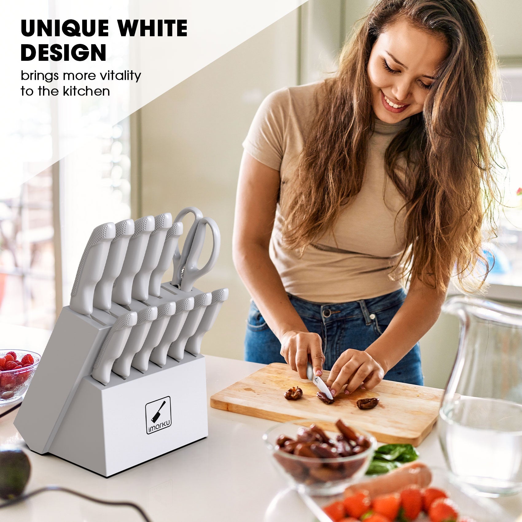 White Harmony Kitchen Set with Nonstick Cookware and Stainless Steel Knife Set
