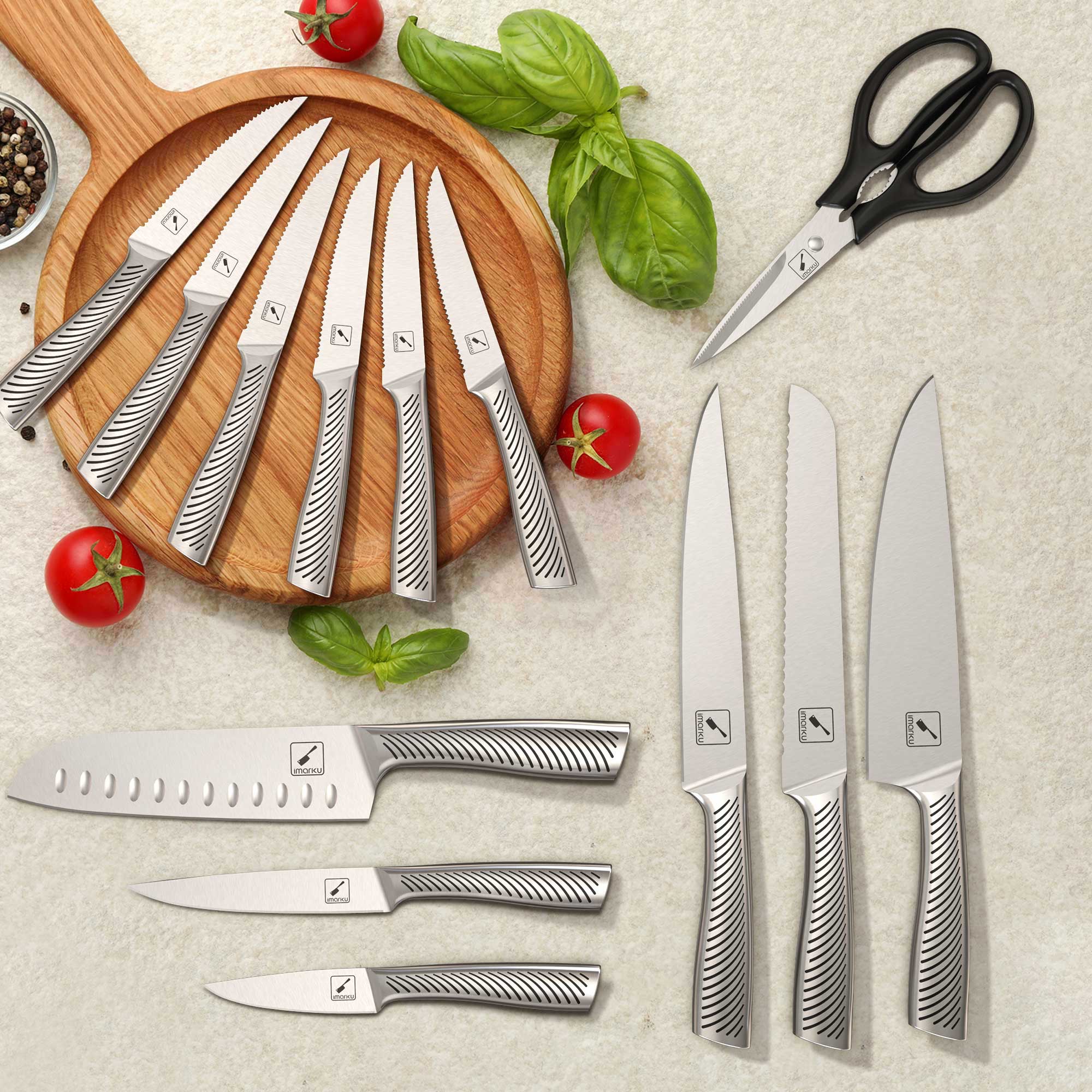 3PCs Cast Iron Fry Pan Set with Golden Glass Lids & 14 PCs Knife Set Bundle - IMARKU