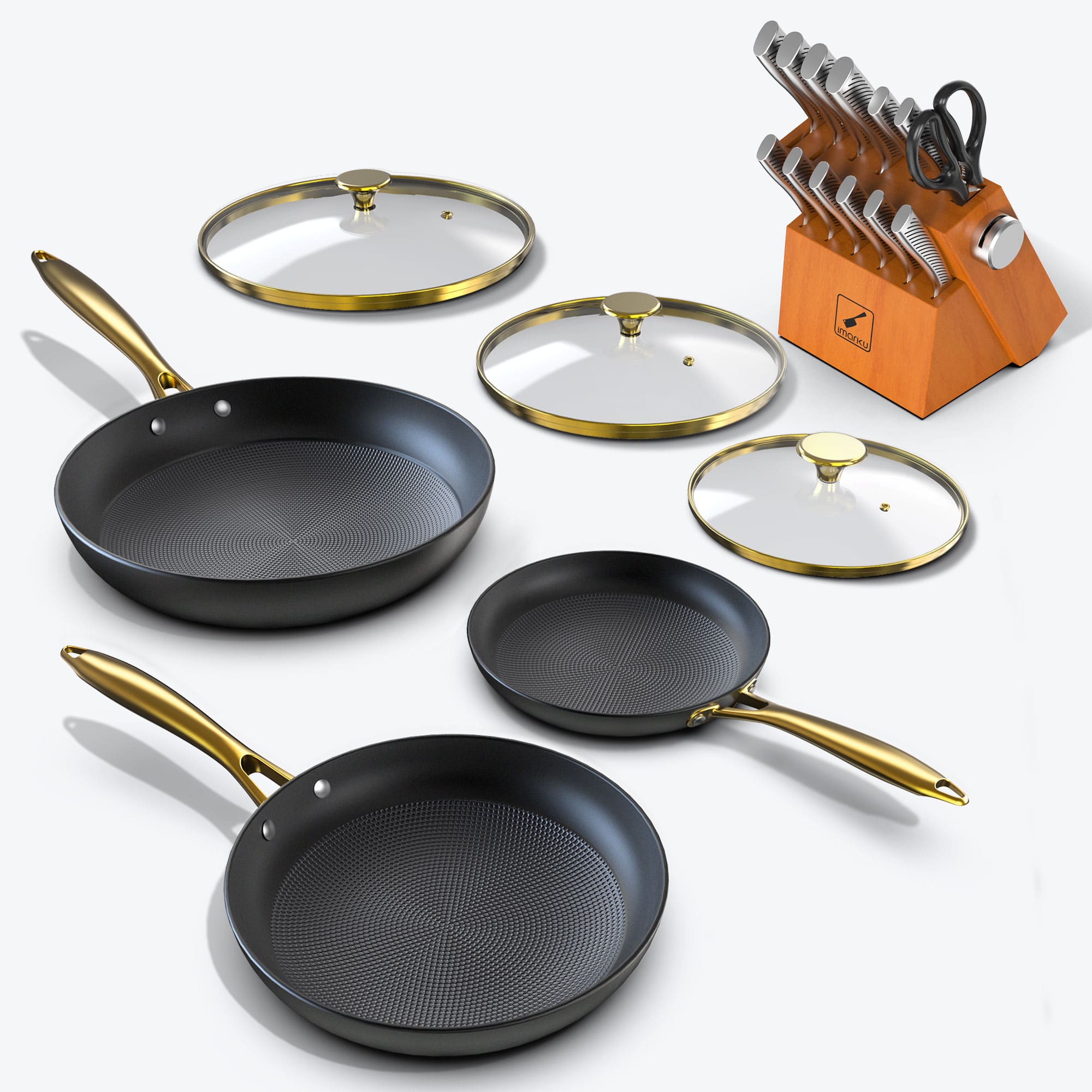 3PCs Cast Iron Fry Pan Set with Golden Glass Lids & 14 PCs Knife Set Bundle - IMARKU