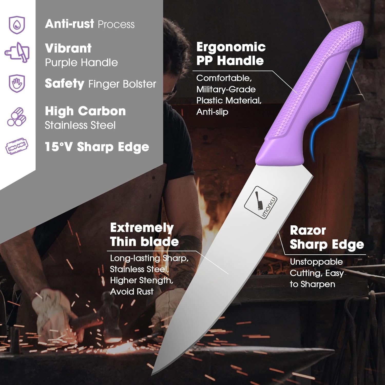 Purple Knife Set with Block Non-Slip PP Handle for Kitchen Beginners