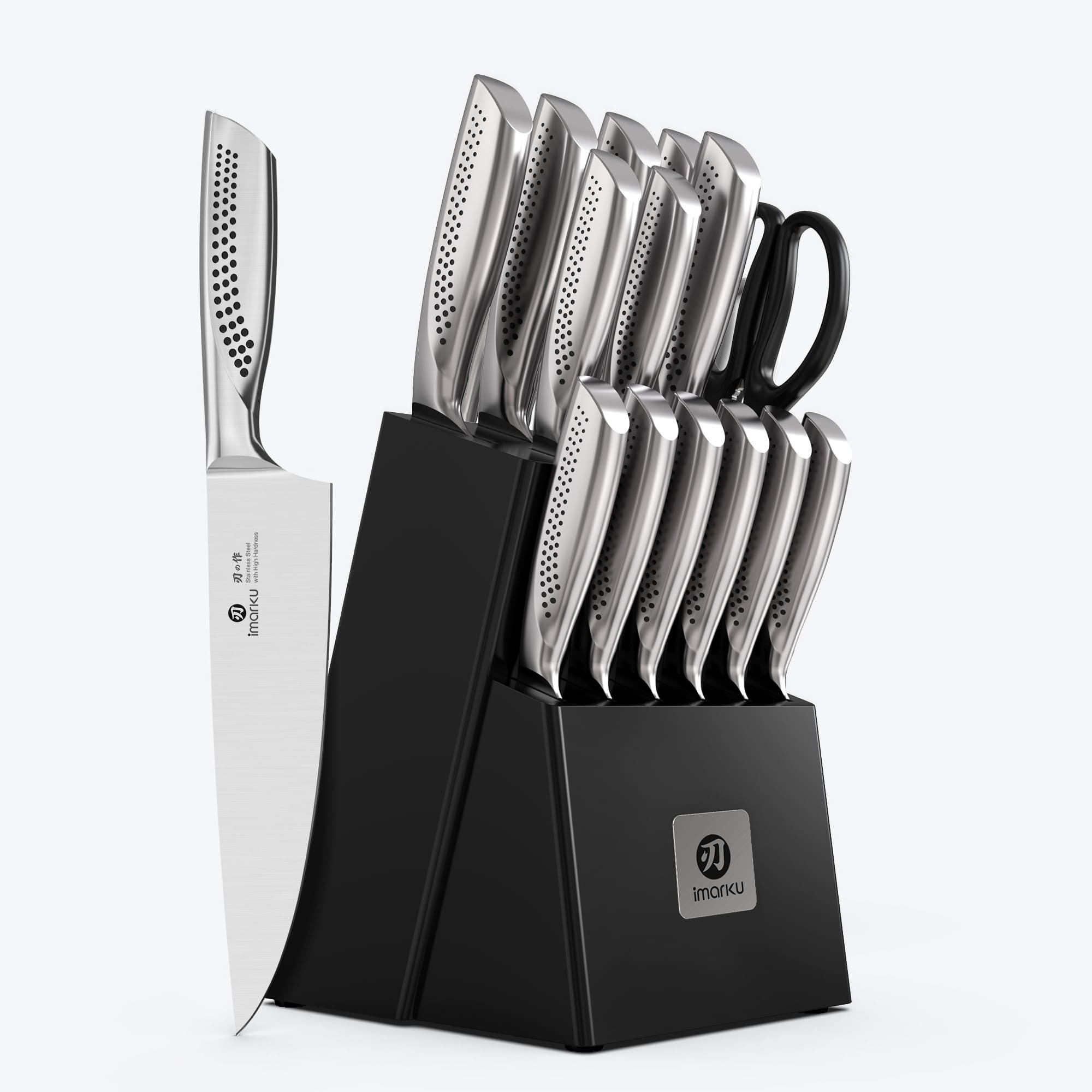 15-Piece Stainless Steel Knife Set with Block & Built-in Sharpener