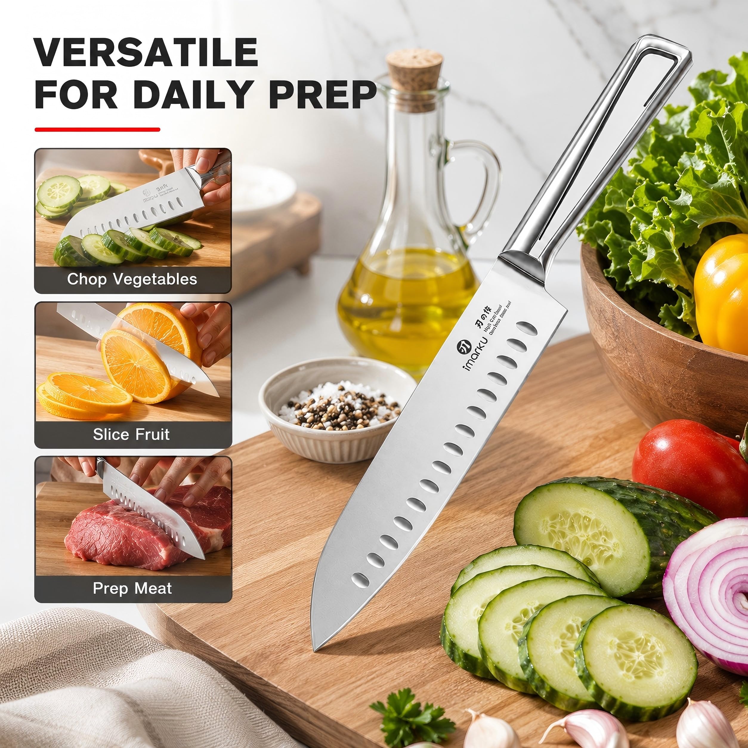 Japanese Kitchen Knife 7 Inch Santoku Blade with Hollow Edge for All-Purpose Cooking