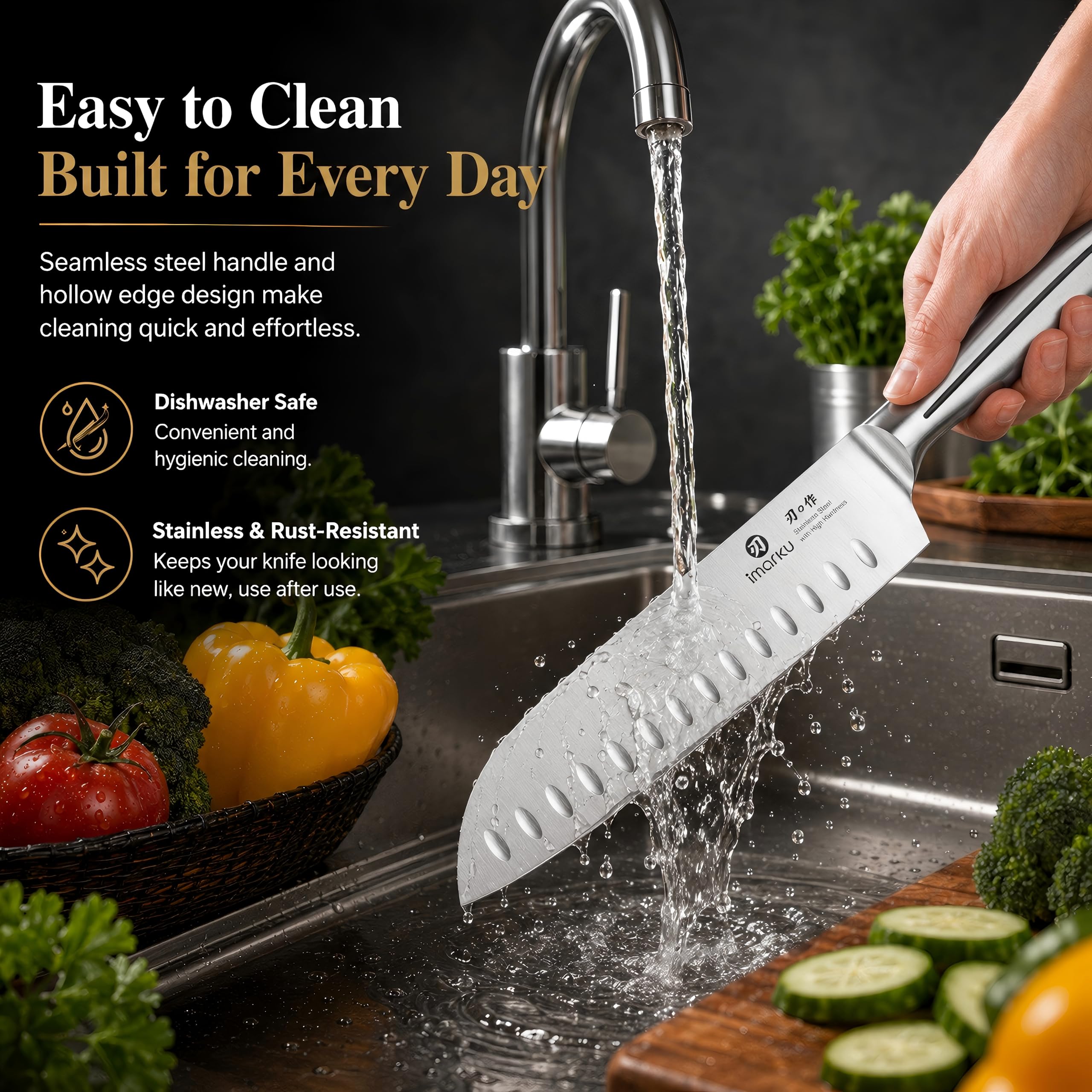 Japanese Kitchen Knife 7 Inch Santoku Blade with Hollow Edge for All-Purpose Cooking
