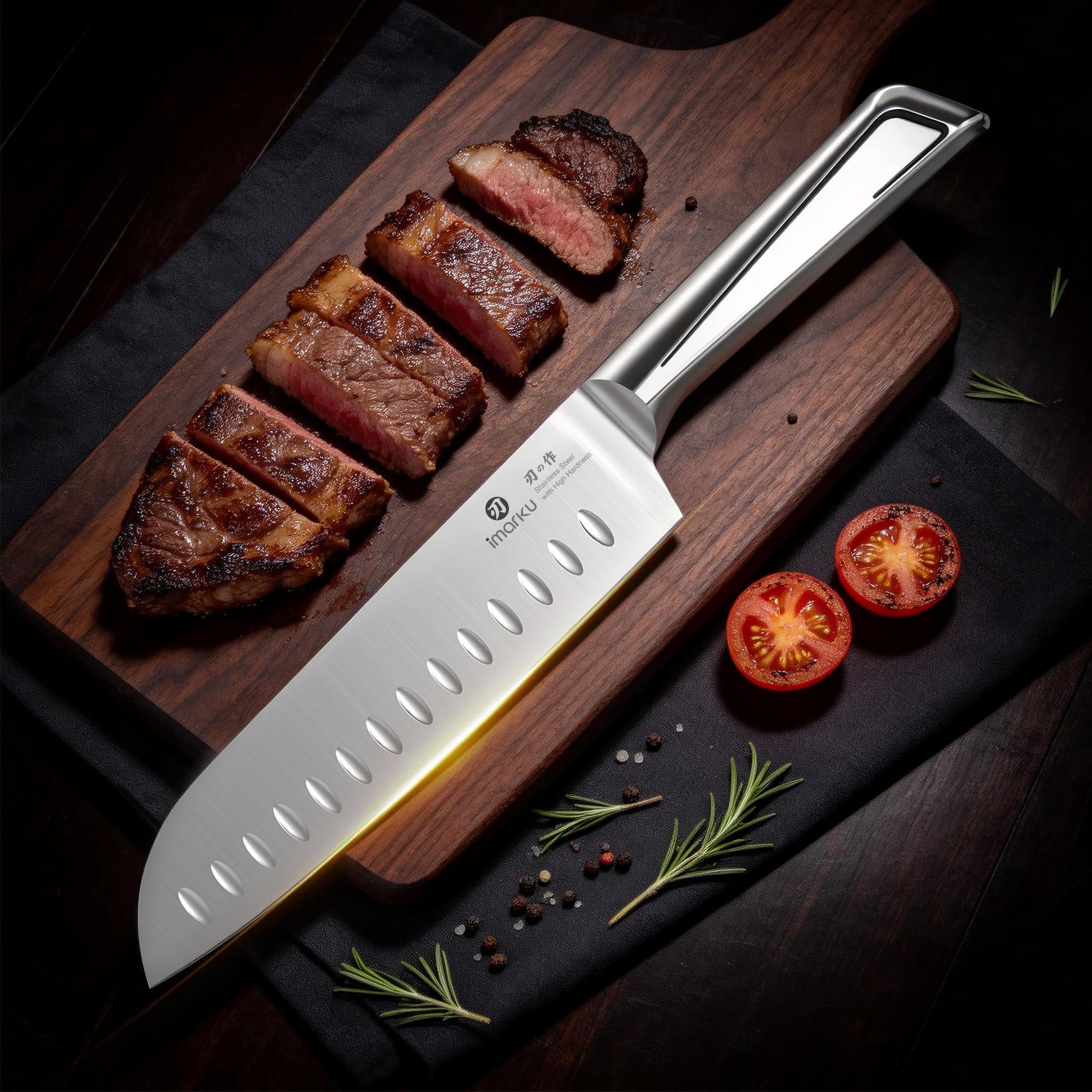 Japanese Kitchen Knife 7 Inch Santoku Blade with Hollow Edge for All-Purpose Cooking