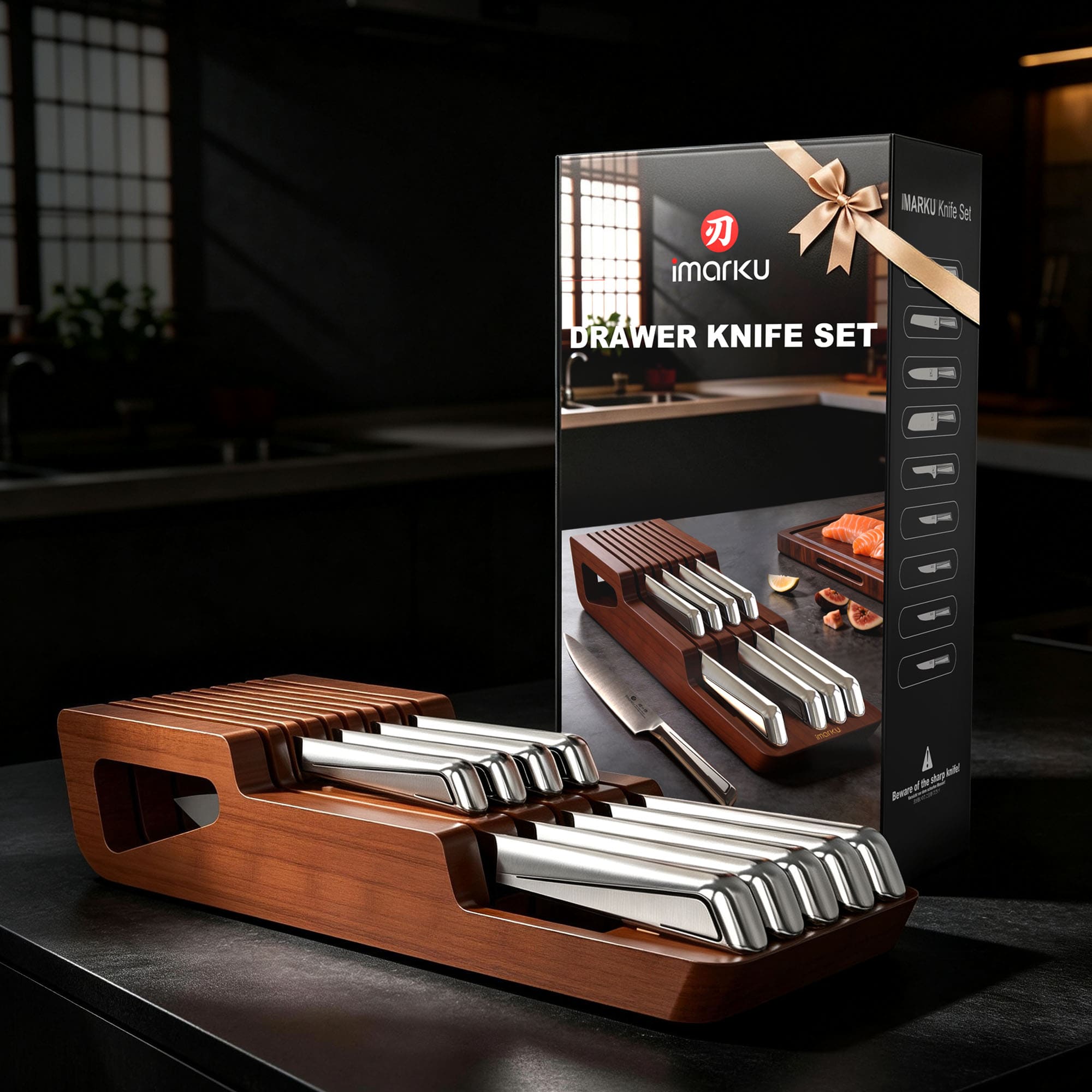 10-PC Kitchen Knife Set with Wooden Drawer Organizer Under Cabinet Storage