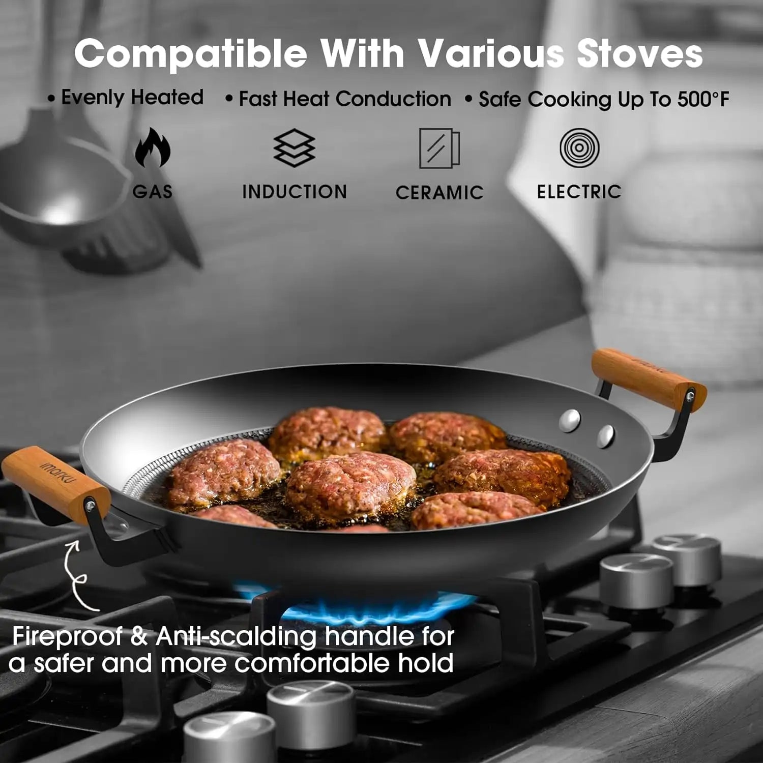 Large Cast Iron Skillet 14 Inch Nonstick Paella Grill Pan for BBQ