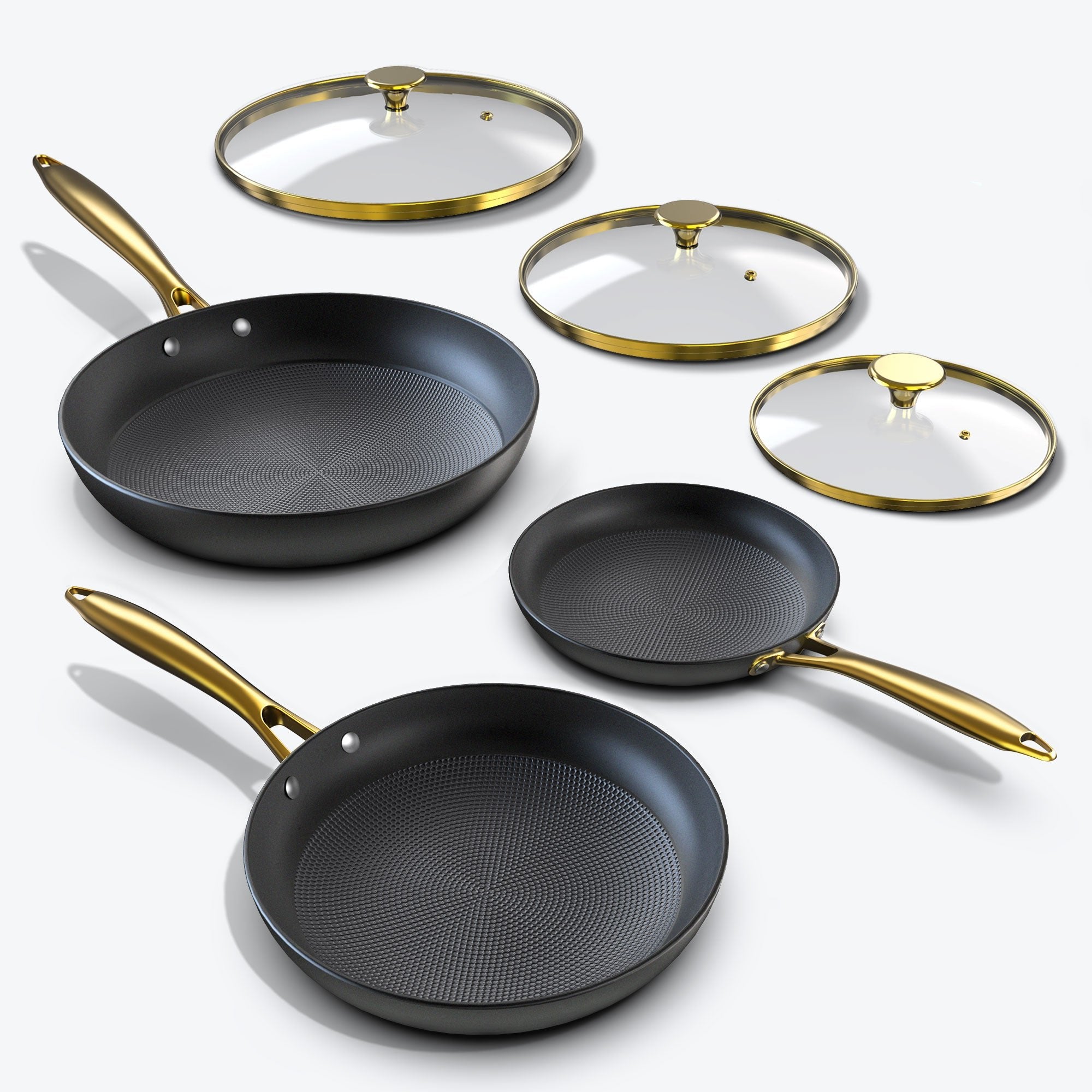 imarku nonstick pan set with glass lids and golden handle