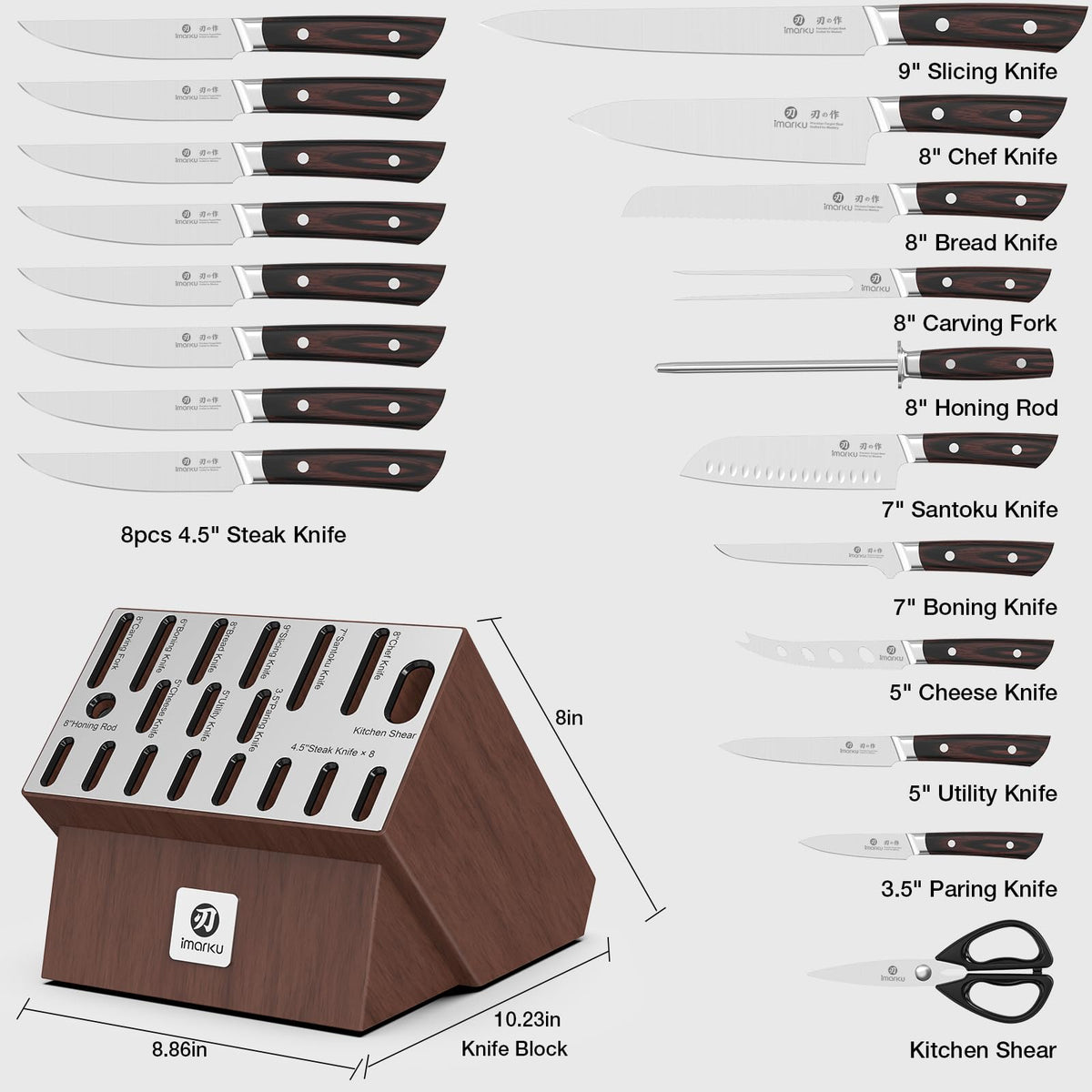 Imarku 20pcs kitchen knife set chart, full set includes chef knife, santoku, steak knives, shears and honing rod with dimensions