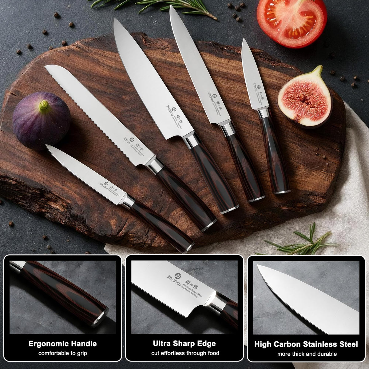 imarku 5pcs kitchen knives, high carbon steel, pakkawood handle#color_brown