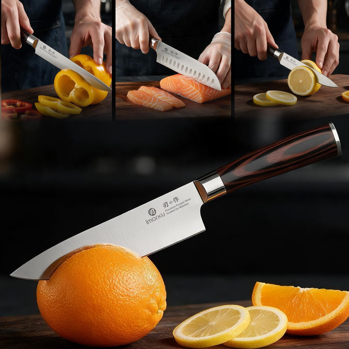 imarku chef knife, ultra sharp for cutting veggies, salmon and citrus#color_brown