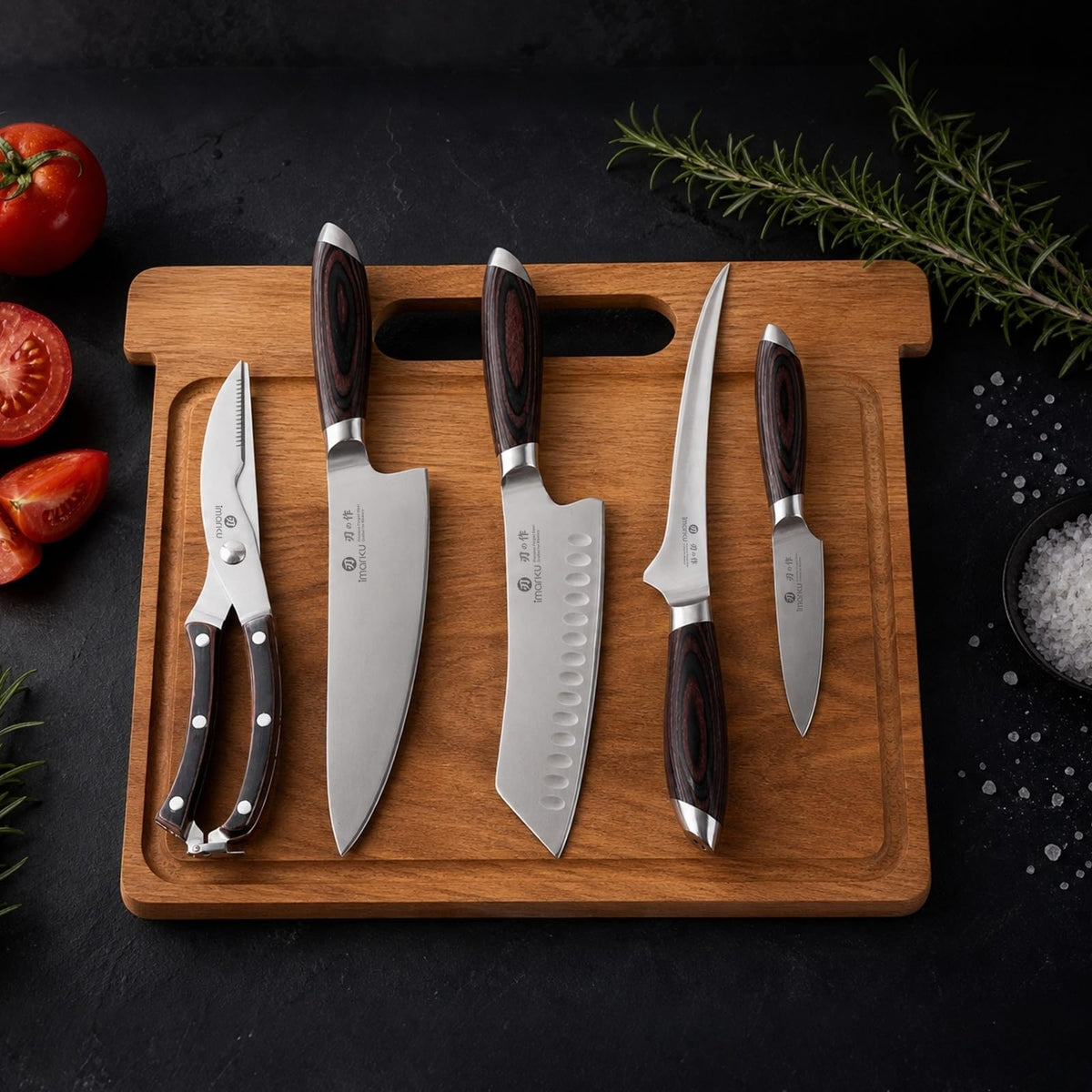 Imarku kitchen knives on wood cutting board, chef santoku boning paring knife and shears