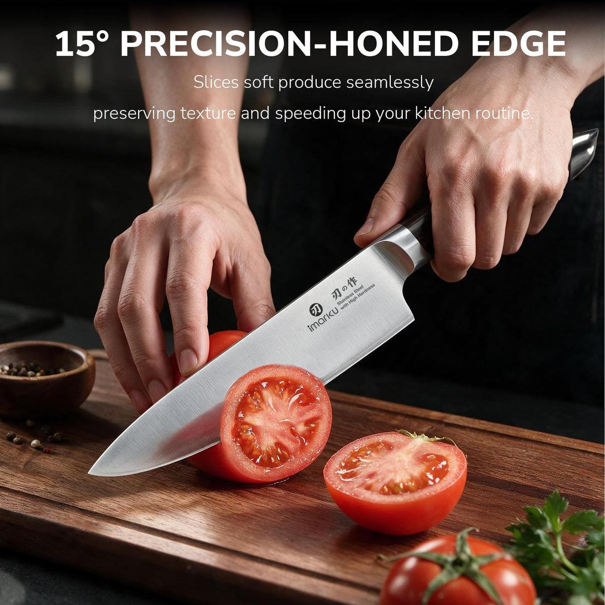 Imarku 15 degree sharp chef knife slicing tomato, professional kitchen cutlery