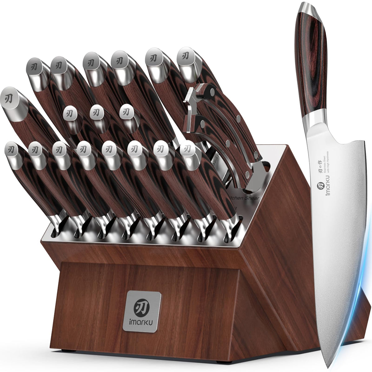Imarku 20pcs kitchen knife set with wooden knife block, Pakkawood handle