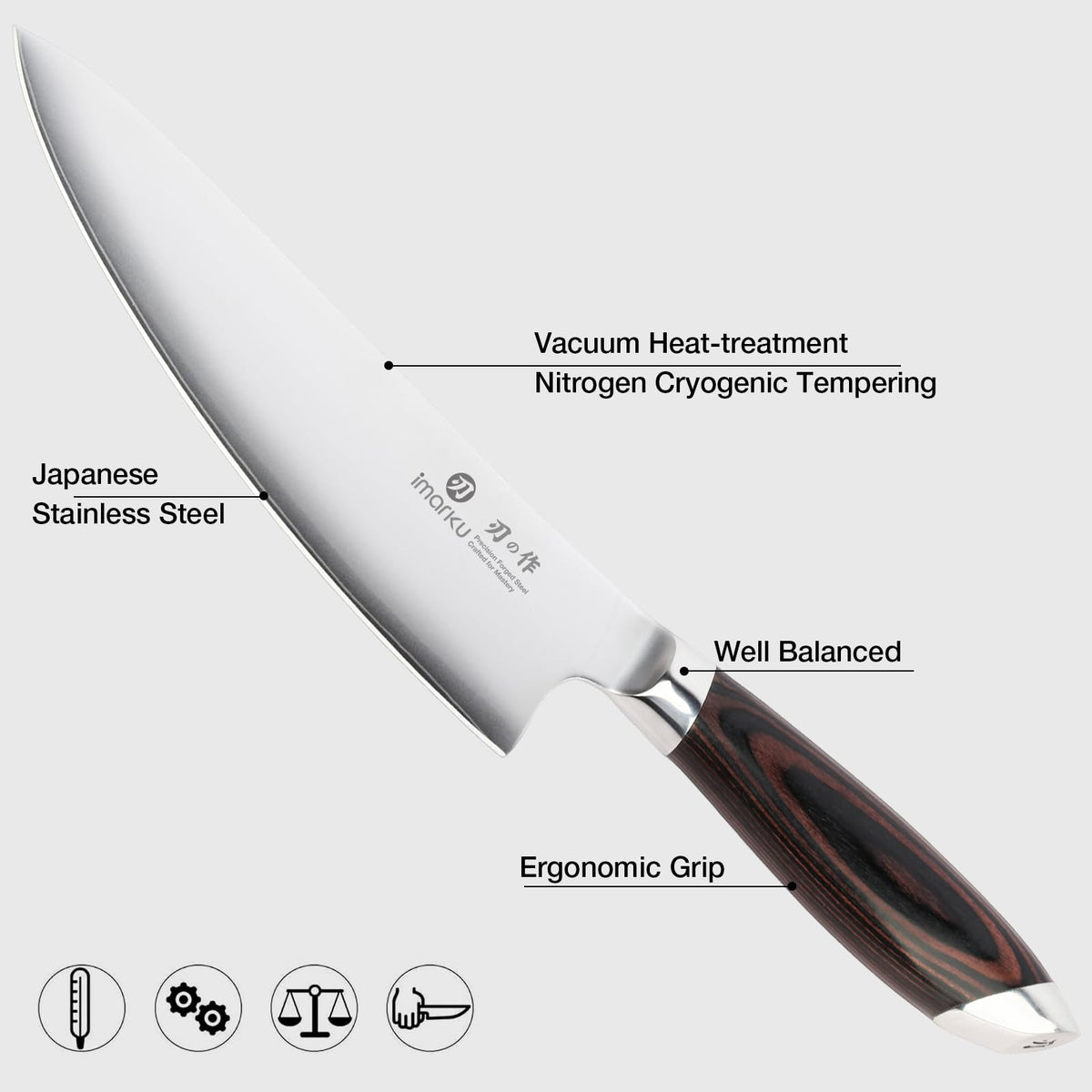 Imarku Japanese stainless steel chef knife, well balanced ergonomic kitchen knife