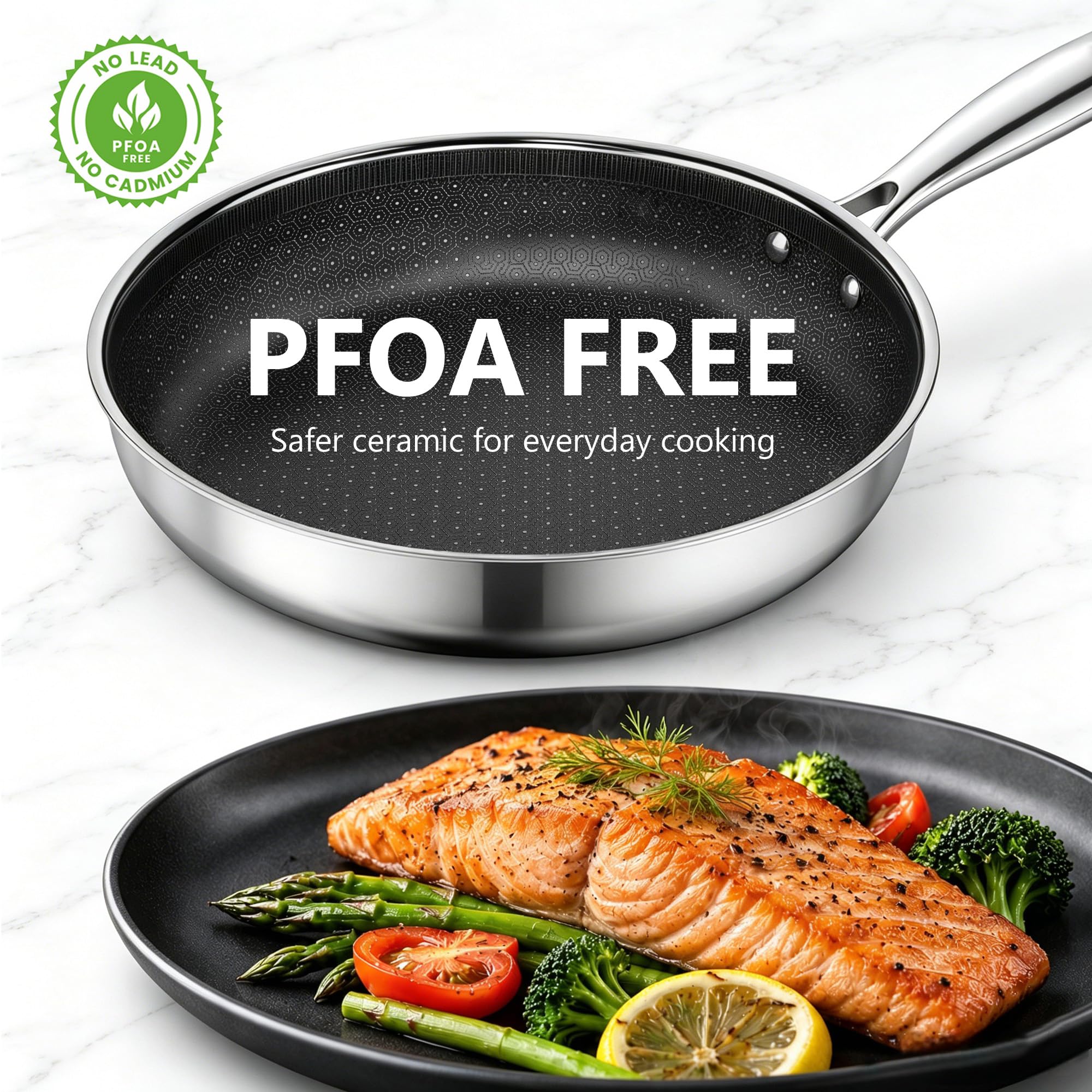 8"&12" Stainless Steel Cookware PFOA Free Non-Stick Pan with Lid for Induction