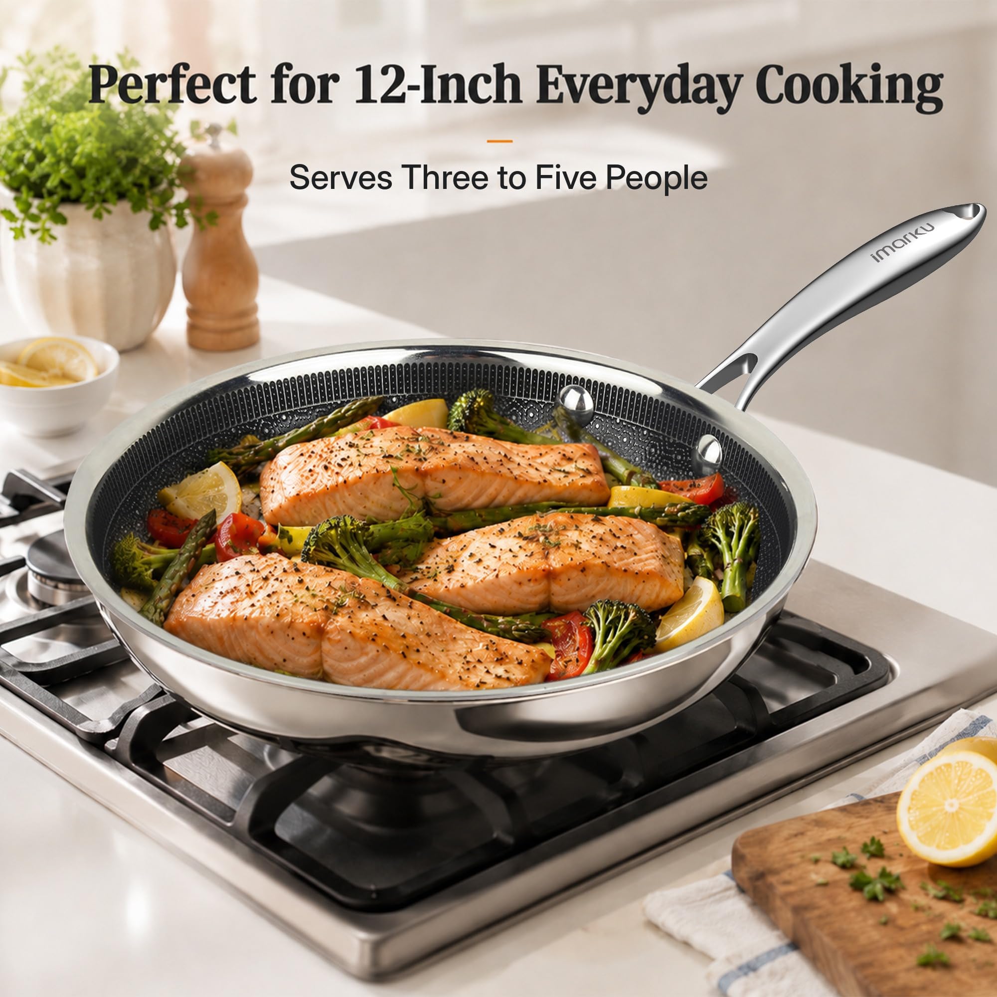 Hybrid Stainless Steel Non Stick Frying Pan 8" 10“ & 12" with Honeycomb Ceramic Surface