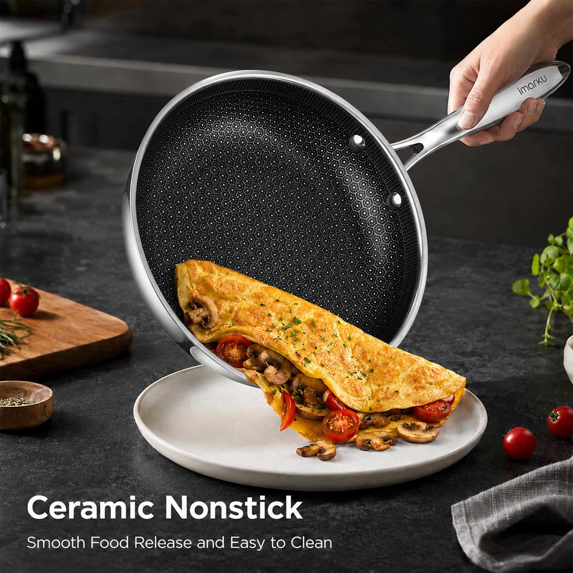 Hybrid Stainless Steel Non Stick Frying Pan 8" 10“ & 12" with Honeycomb Ceramic Surface