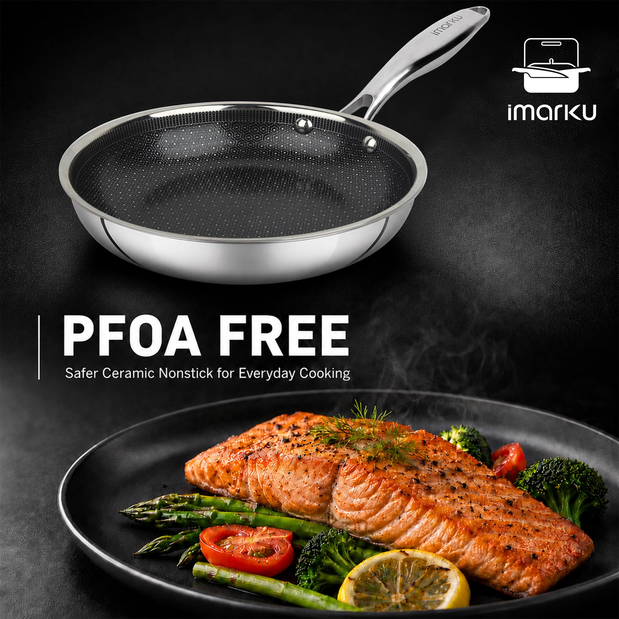 Hybrid Stainless Steel Non Stick Frying Pan 8" 10“ & 12" with Honeycomb Ceramic Surface