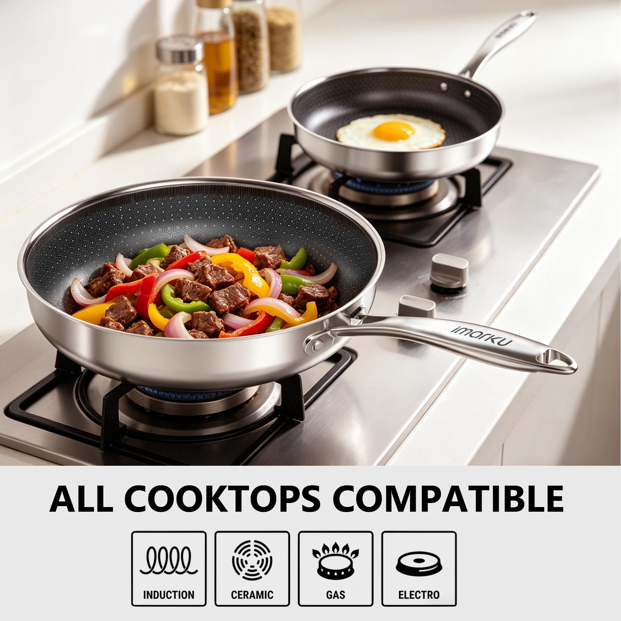 8"&12" Stainless Steel Cookware PFOA Free Non-Stick Pan with Lid for Induction